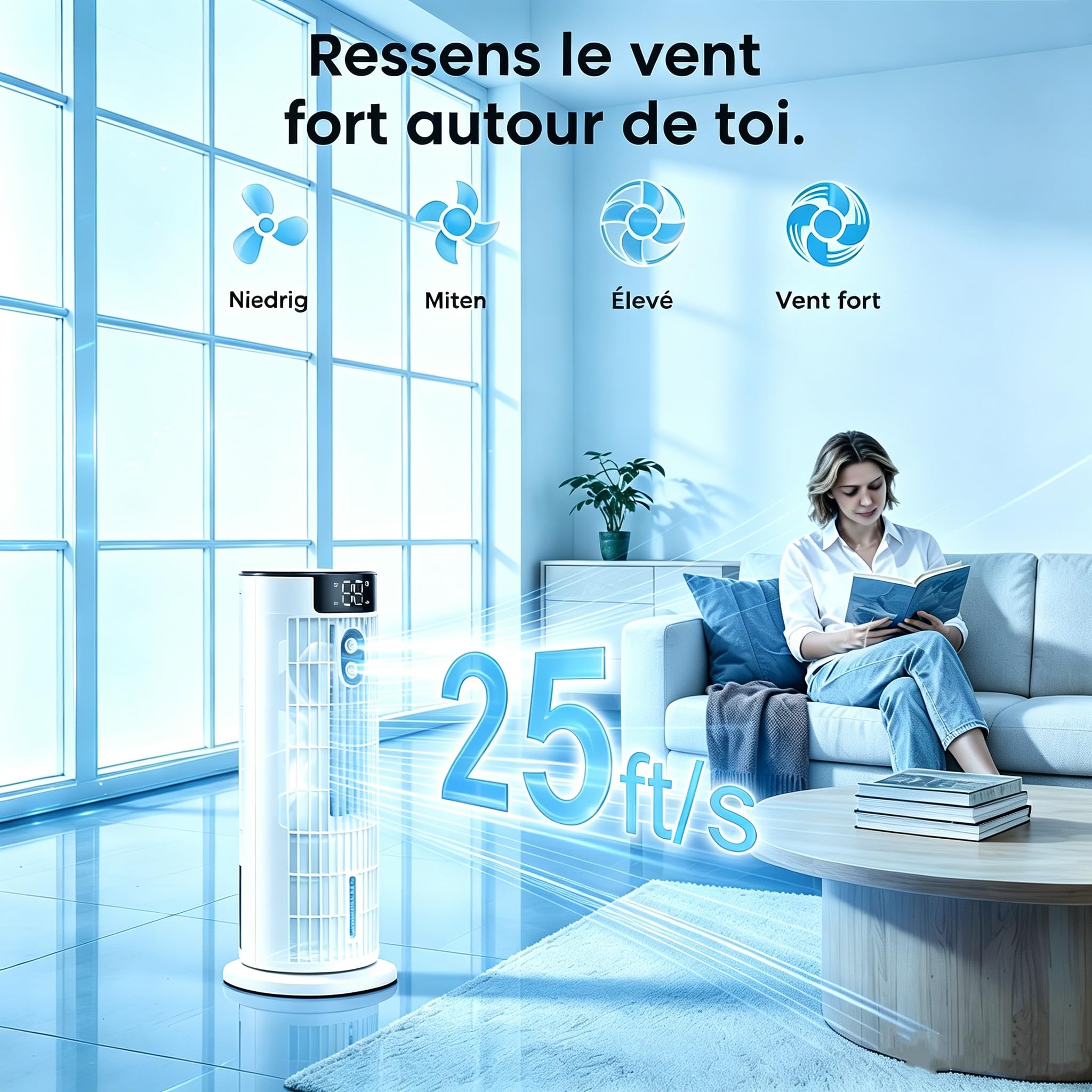 Climatiseur Mobile Refroidisseur d'Air télécommande et tactile | 6 en 1 refroidissement avec humidification | Vent fort jusqu'à 7,5 m/s | Silencieux et efficace