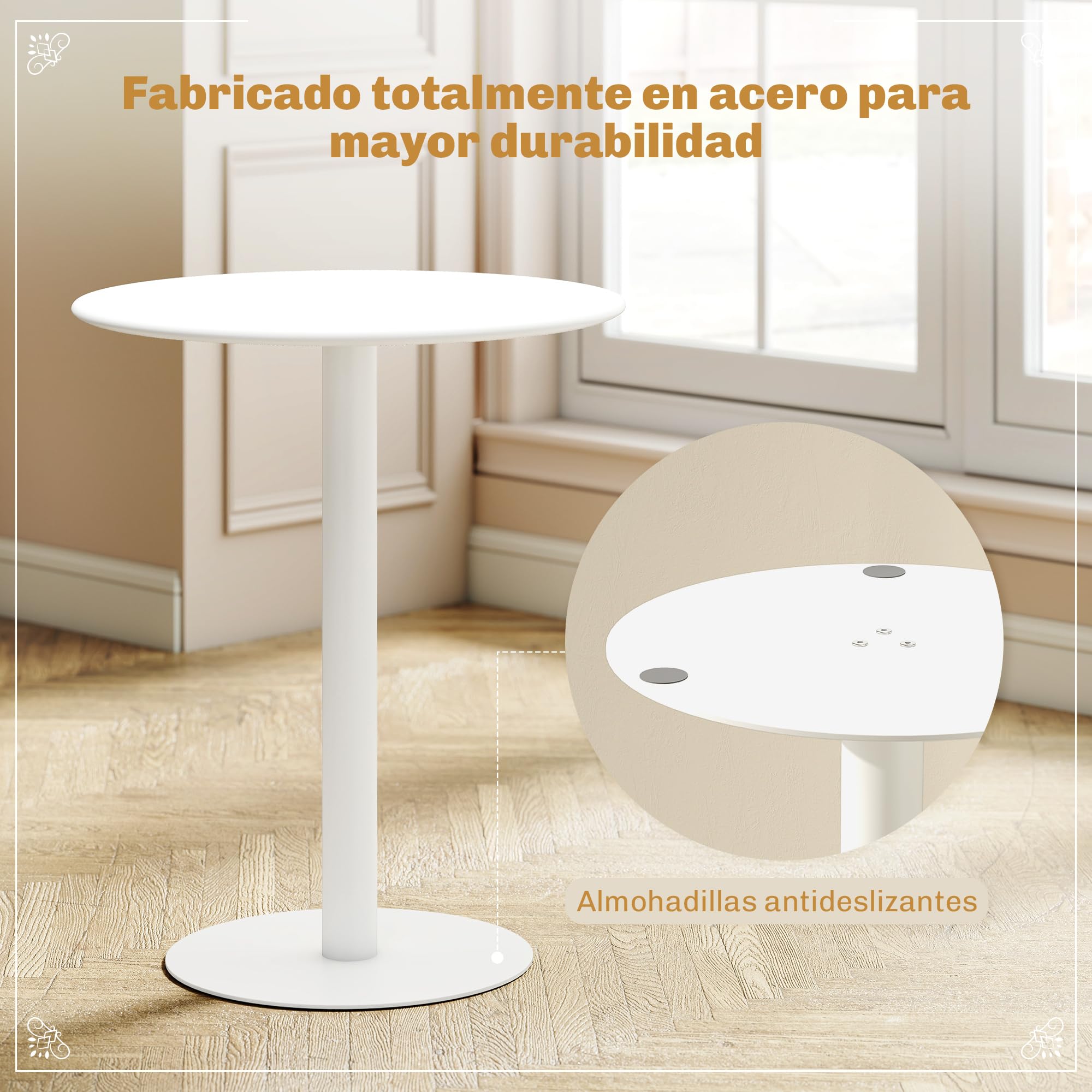 HOMCOM Mesa de Comedor Redonda para 2 Personas Mesa de Cocina de Acero para Interior y Exterior Ø60x72 cm Blanco