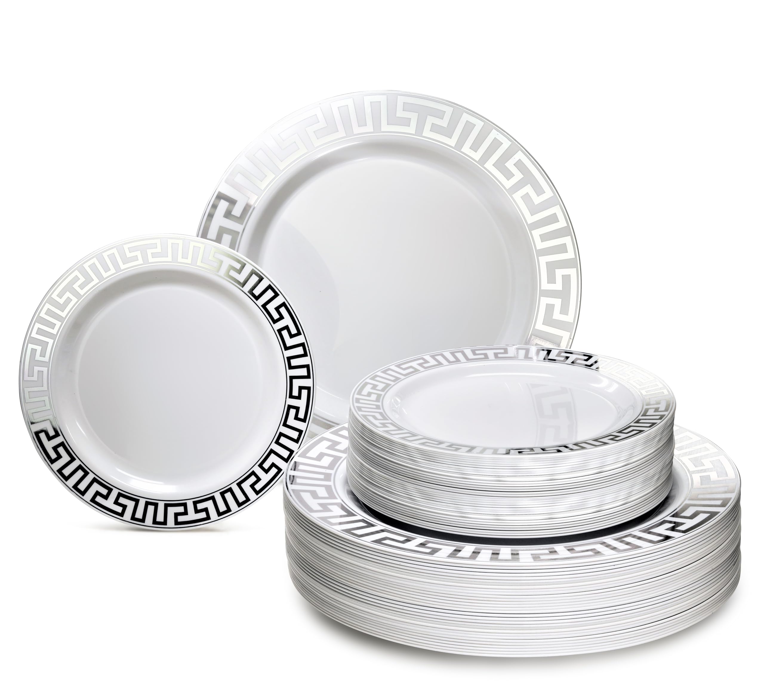 OCCASIONS 100 Plates Pack,(50 Guests) Heavyweight Premium Wedding Party Disposable Plastic Plates Set -50 x 10.5'' Dinner + 50 x 7.5'' Salad/Dessert (Milano White & Silver)
