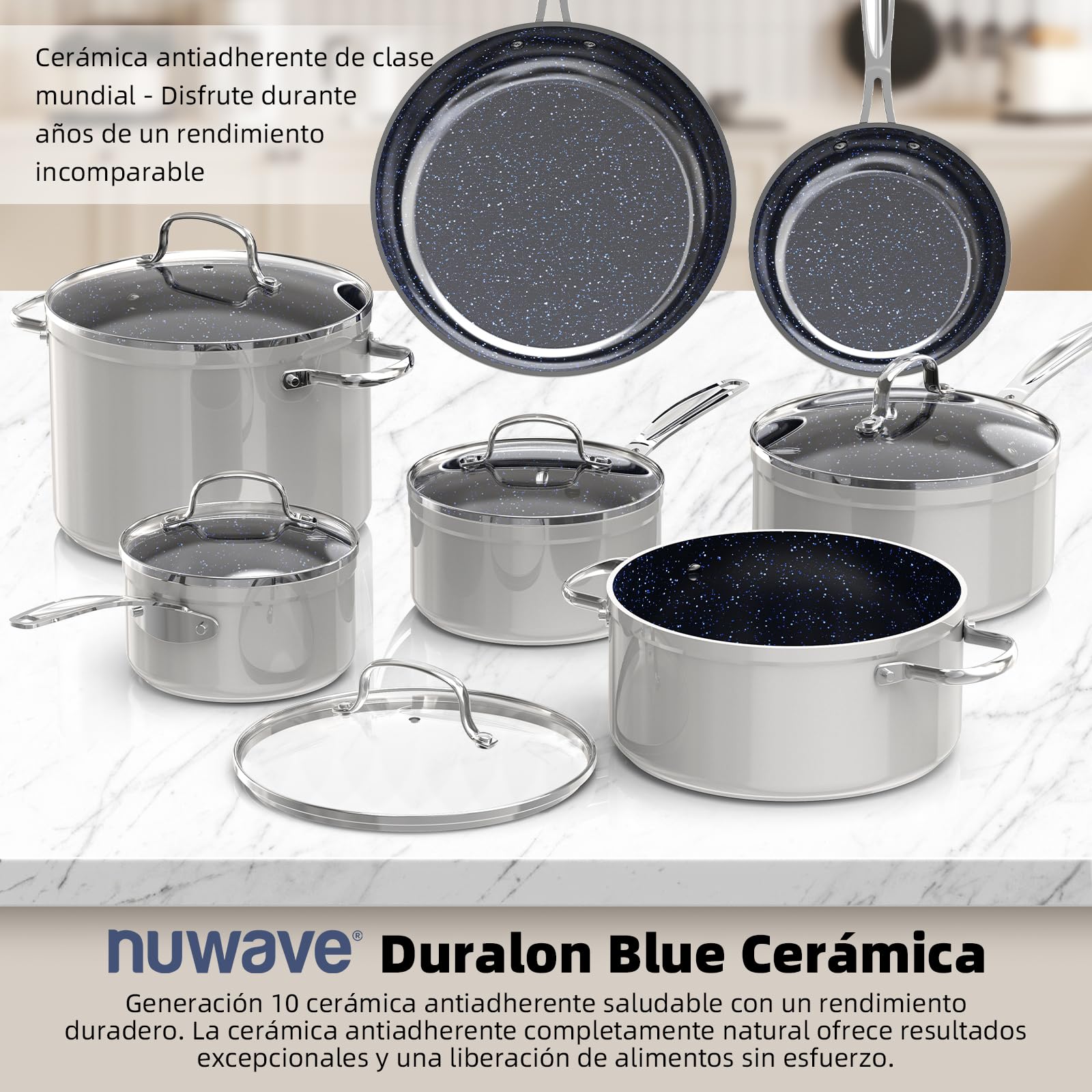 Nuwave Ollas 12 Piezas G10 Cerámica de Duralon Blue en Gris, Compatible con Inducción, Batería de Cocina con Tapas, Juego de Ollas y Sartenes, Seguro y libre de PFAS