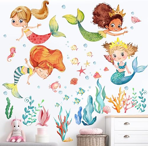 Mfault Pegatinas de pared de sirena multicultural bajo el mar, criatura del océano, vida marina, algas marinas, decoración de guardería, dormitorio