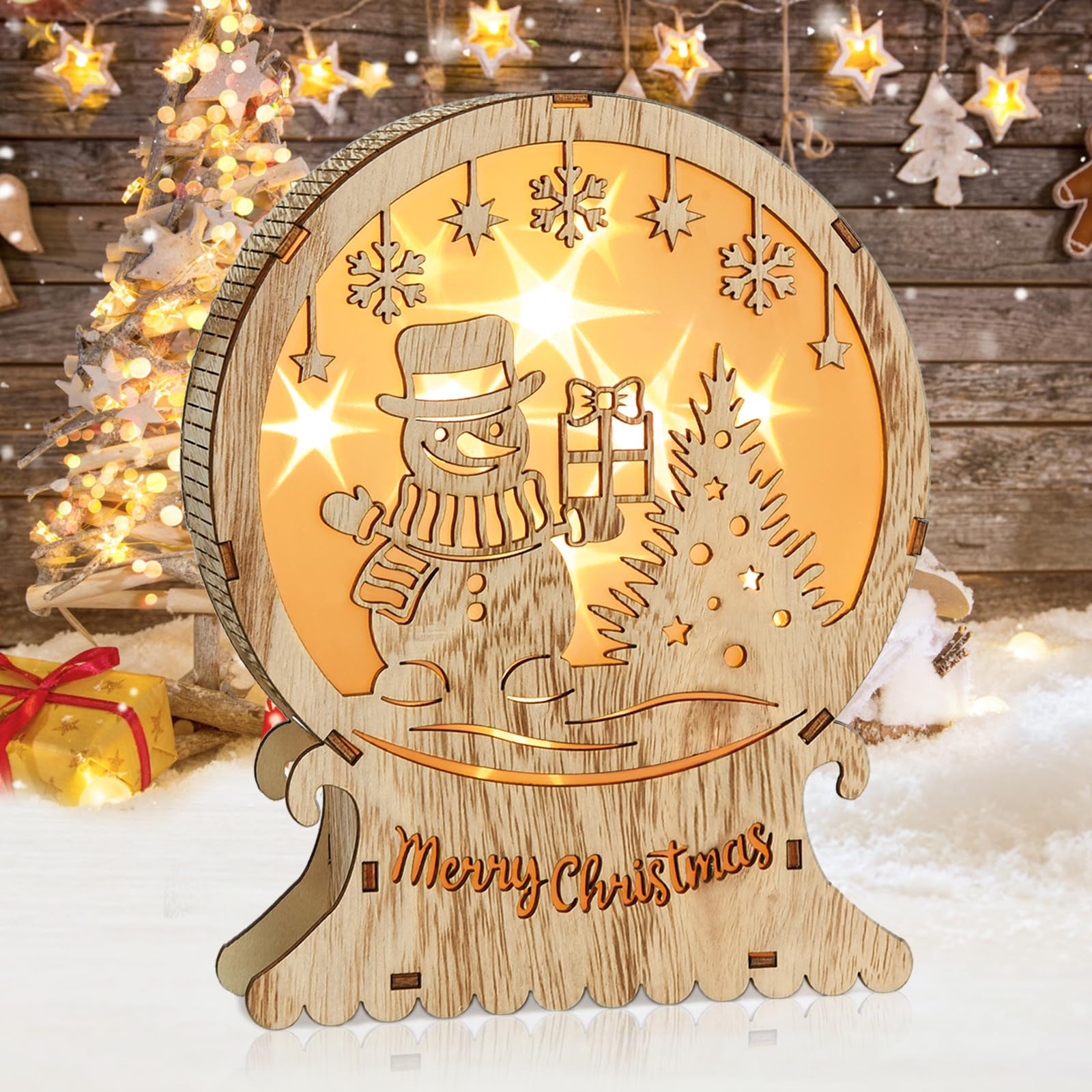 Aragallant LED de Madera Luces de Navidad, Poinsettia Iluminación Luces de la Ventana, LED de Madera Decoración de Navidad, Alce Luz LED, Decoración de Navidad Led para Balcón Interior (Snowman)