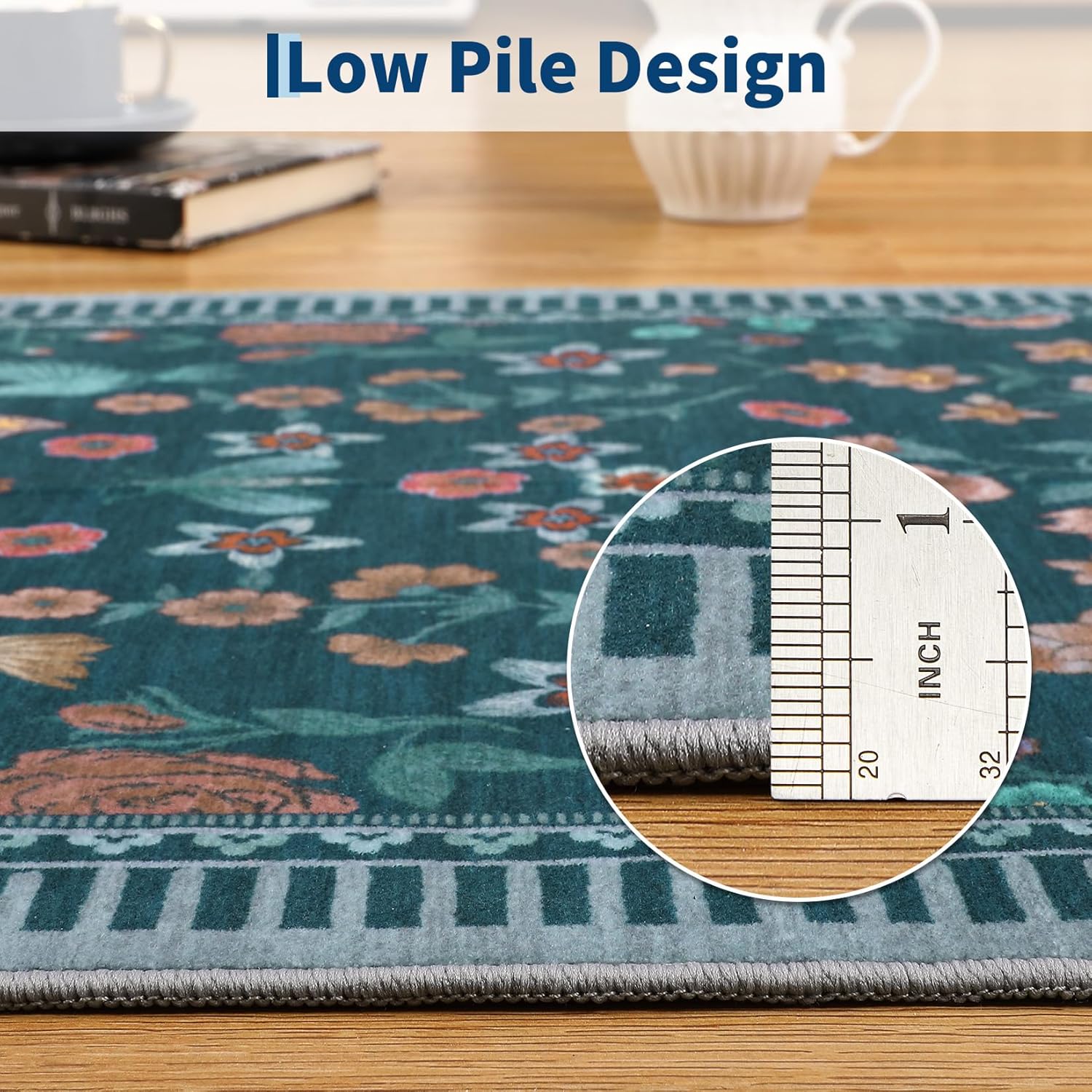 GarveeHome 2x6 Floral Runner Modern Bordered Print Rugs Non-Slip Indoor Table Runners Low Pile Area Rug for Kitchen Waterproof Carpet for Entryway Bathroom Laundry Dorm Dark Green
