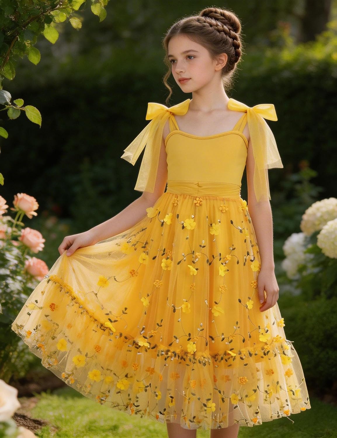 Arshiner Girls Dresses Summer Sleeveless Bow-Tie Straps Birthday Party Long Tulle Dress