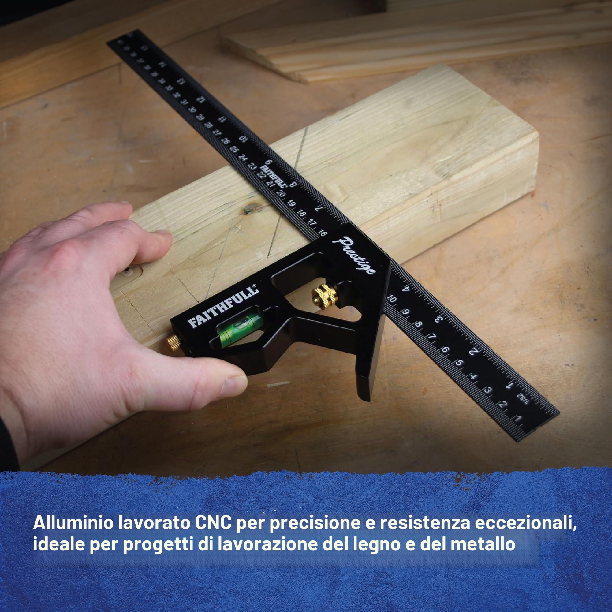 Squadra combinata Faithfull Prestige in alluminio nero da 400mm (16pol) – Strumento di misurazione e tracciamento multifunzione con livella a bolla e traccia per la lavorazione del legno e dei metalli