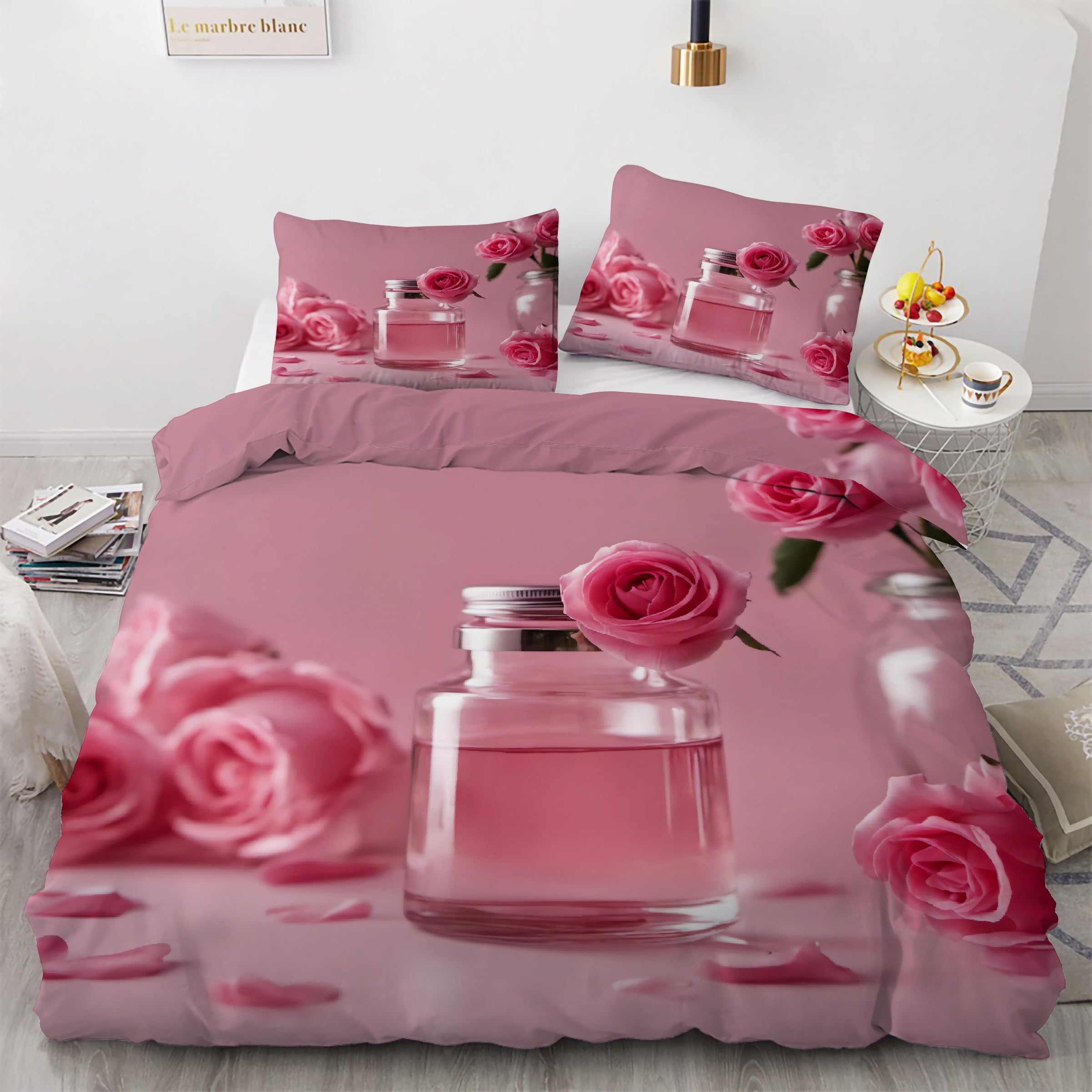 Housse de couette 220x240 rose anti-glissement avec fermeture éclair et tissu microfibre doux