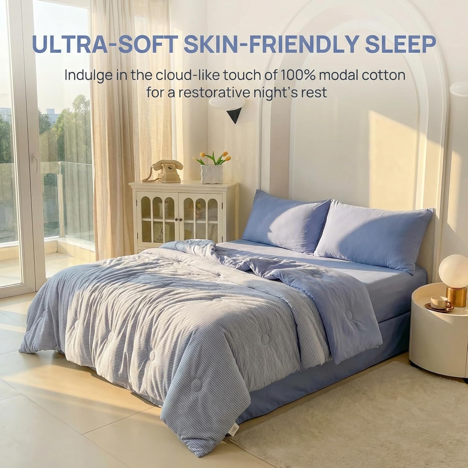 SOPHNI Knitted Cotton Comforter King Size, 100% Polyester Filling, All Season Breathable Quilt, Striped Design Bed Comforter for Restorative Sleep, Light Blue (Twin)