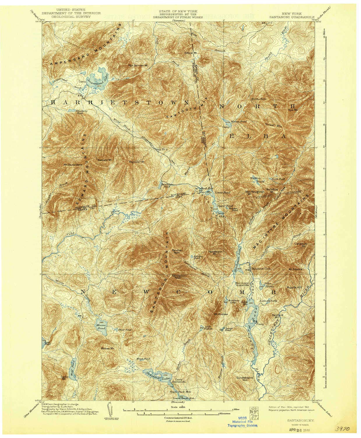 YellowMaps Santanoni NY topo map, 1:62500 Scale, 15 X 15 Minute, Historical, 1904, Updated 1940, 20.1 x 16.6 in