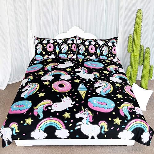 ARIGHTEX Juego de ropa de cama de unicornio gordito para niños y niñas, lindo unicornio en arco iris, patrón de dona, funda de edredón de 3 piezas