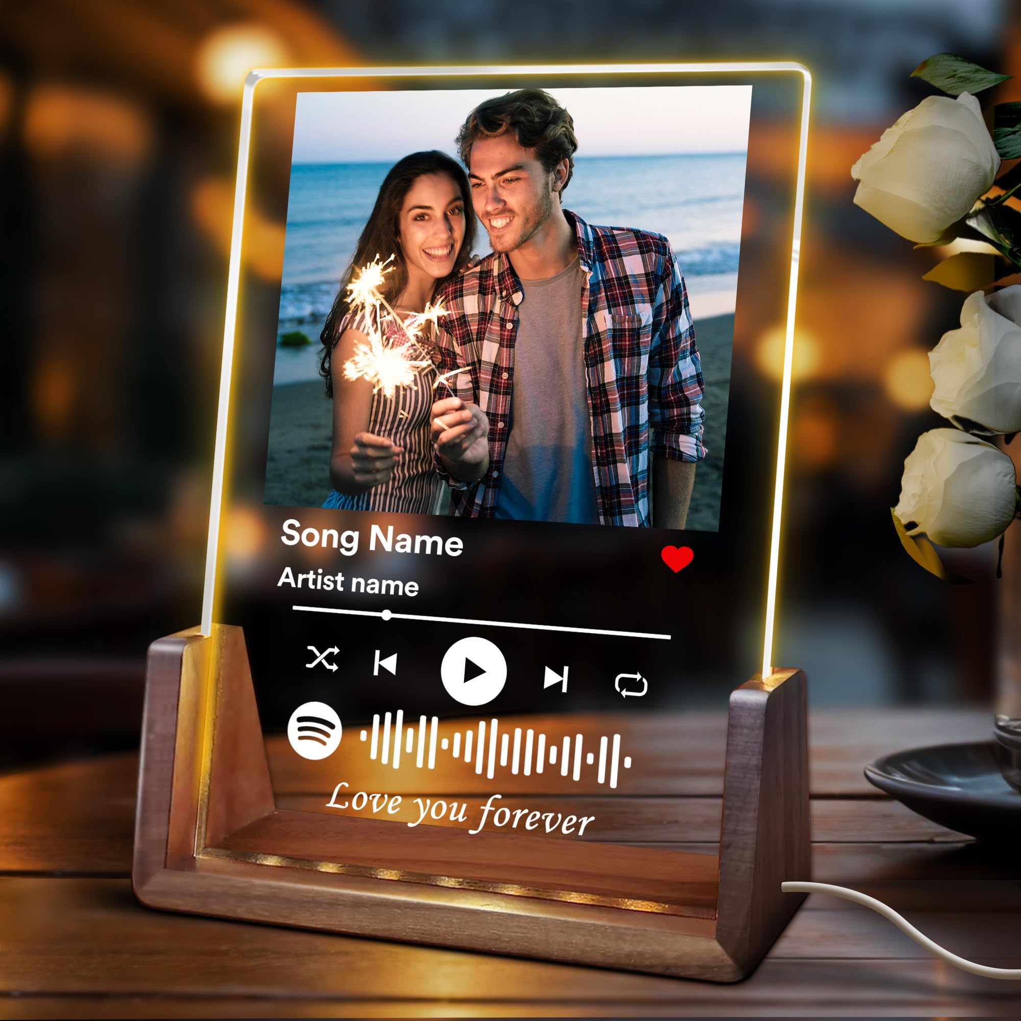 YESCUSTOM Custom Gift for Mom Dad Acrylic Song | Acrylic Album Cover|Personalized Transparent with Scannable Code Photos-LED Night Light Lamp for Birthday-Father's Day Gift