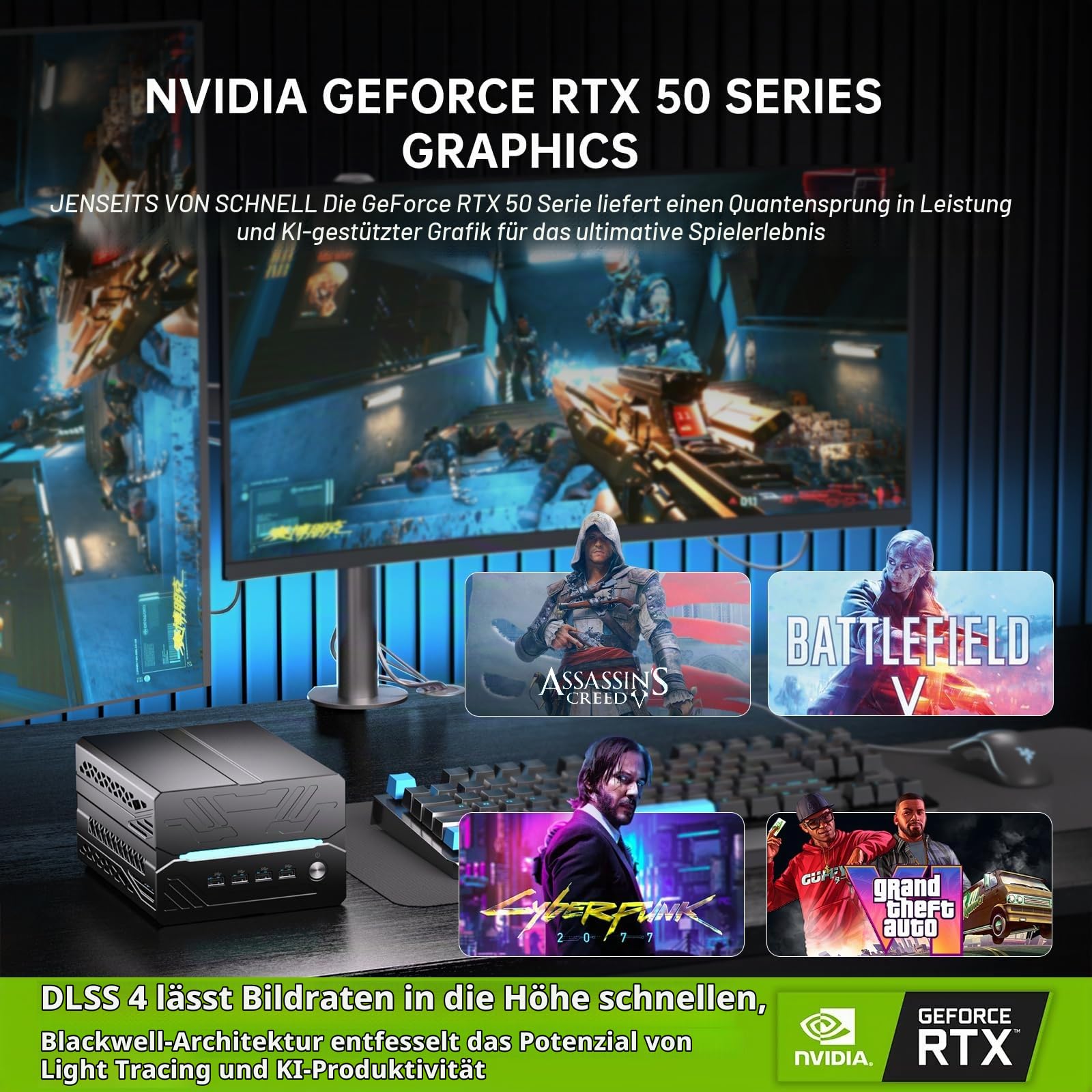 AI Mini PC, Desktop-Gaming Computer i9-14900F 24 Kerne bis zu 5,8 GHz, 64G DDR5, 2T M.2 PCIE4.0 SSD, Win-11 Pro, GeForce RTX5060Ti 16G, Vier Bildschirme, 8K@60Hz-Ausgänge, Dual-LAN, WiFi7