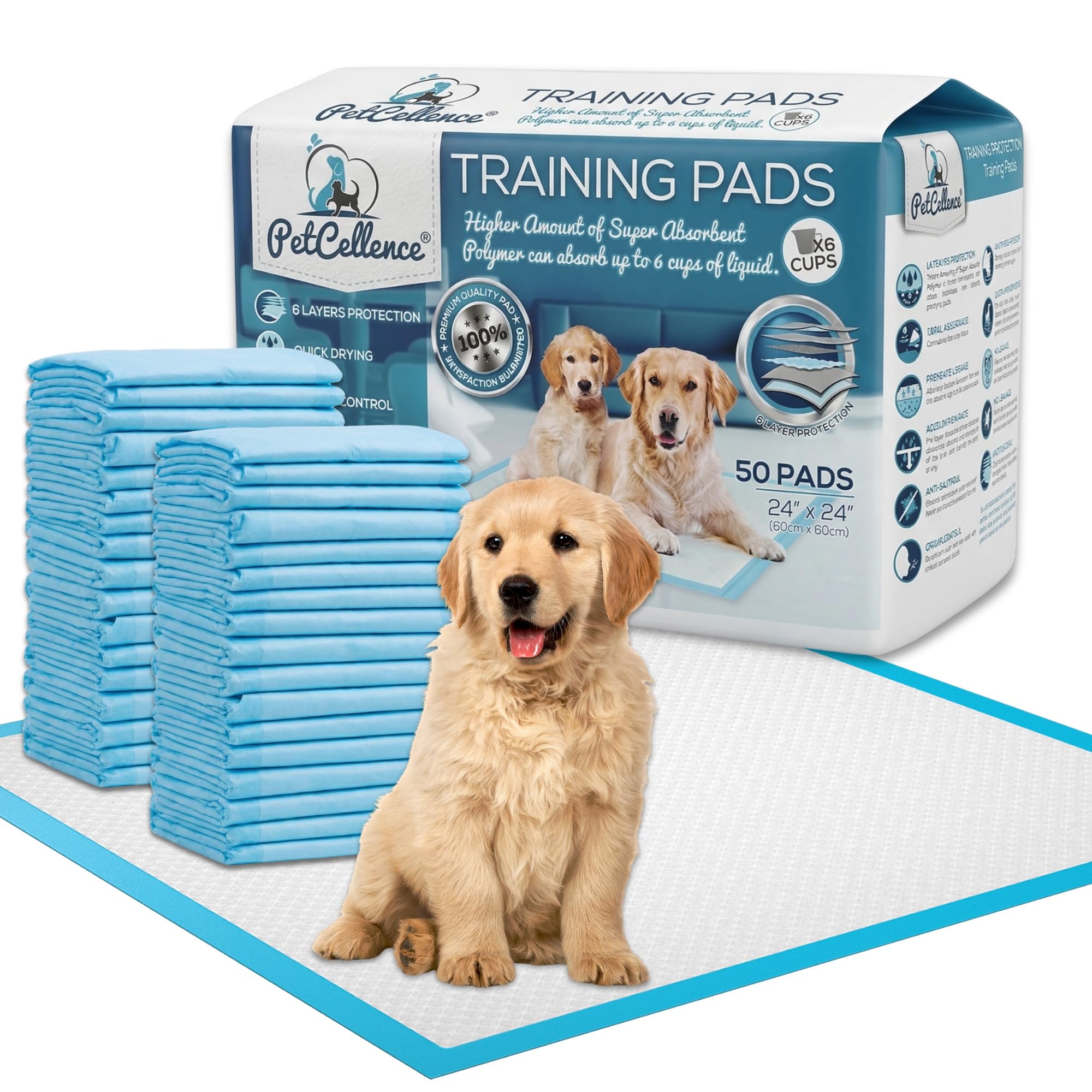 PetCellence 50 Puppy Pads Dog Training Pet Pee Wee Potty Mats Cat Large 60x60cm