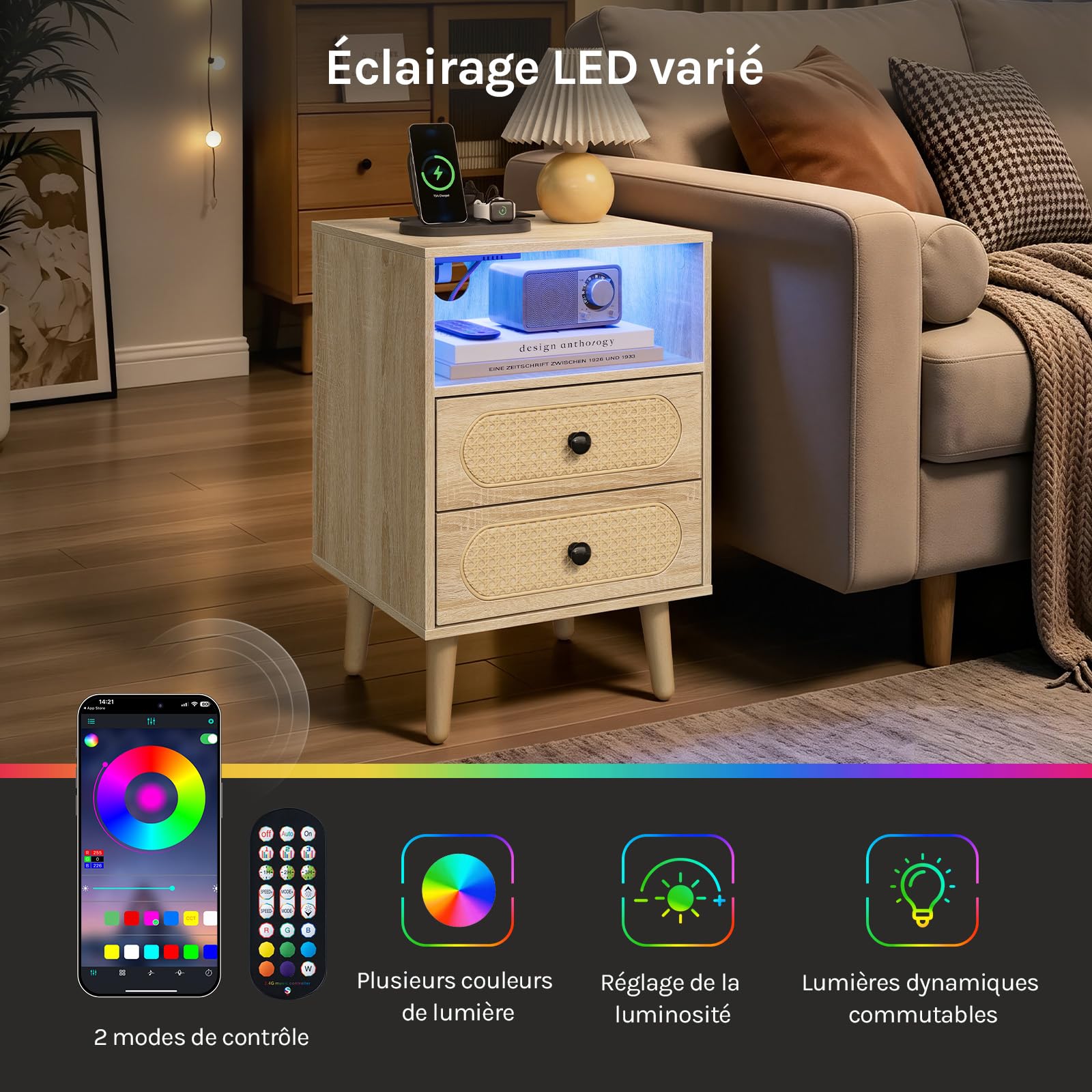 WOLTU Table de Chevet Connctée, avec LED Réglable et Multiprise, Lot de 2