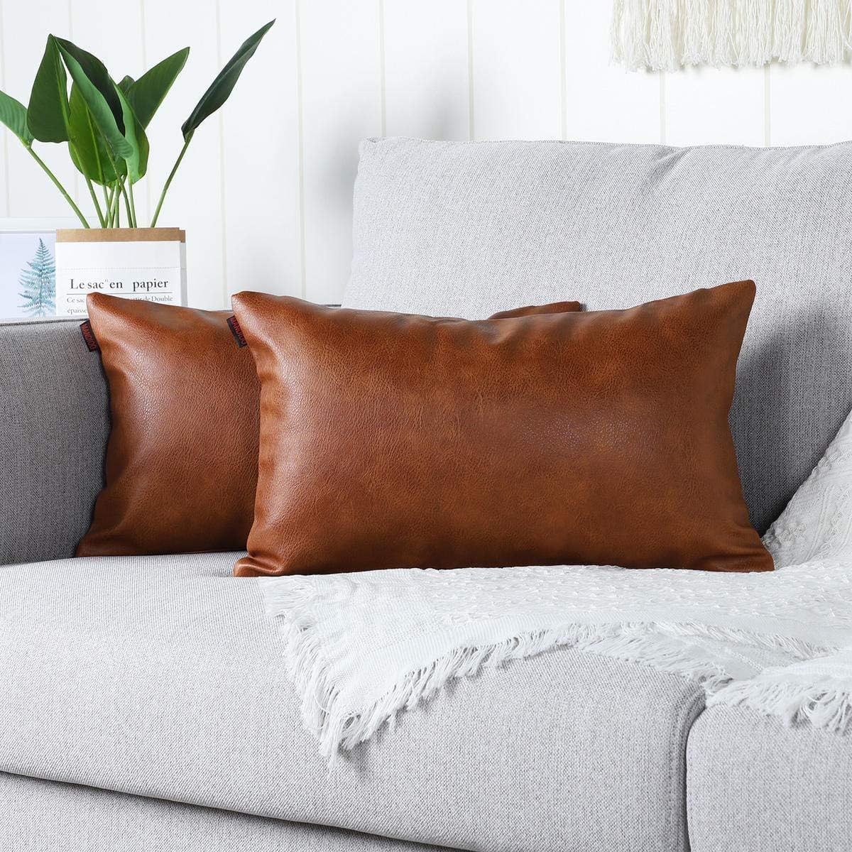 Brown Faux Leather Decorative Lumbar Cushion Covers 12x20 Inches Modern Solid Outdoor Cushion Cases Luxury Throw Pillowcases for Couch Sofa Bed 30cmx50cm,Pack of 2
