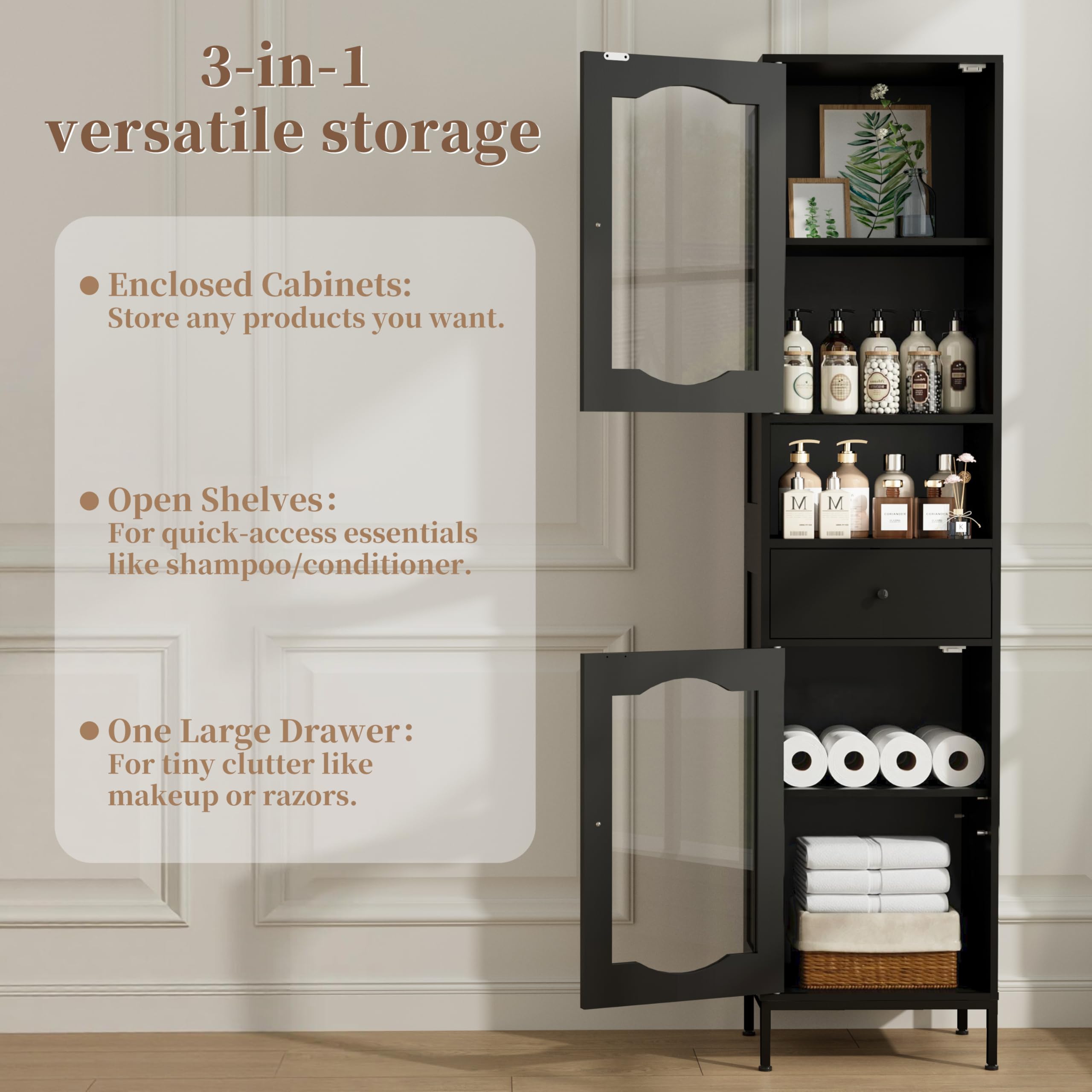 Badezimmerschrank Schmal mit 2 Acryltüren & Schublade, 170cm Badschrank Hochschrank für Badezimmer, 5 Fächern & Verstellbare Ablagen, 30 x 40 x 170 cm, Schwarz