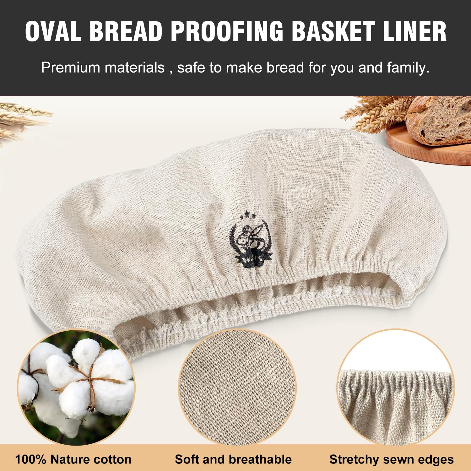 Walfos® Set di cestini per lievitazione ovale, cottura del pane, con rattan naturale, pennello, forchetta e rivestimento in lino, ideale per casa e professionisti