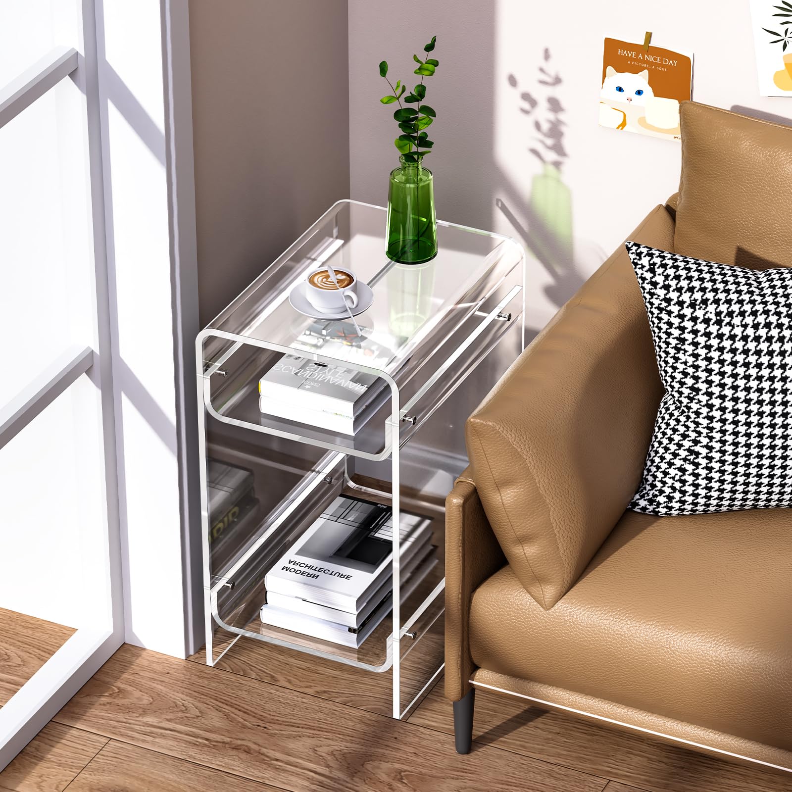Beistelltisch aus transparentem Acryl, schmal, schmaler Beistelltisch für kleine Räume, schmaler Nachttisch, Nachttisch für Schlafzimmer, Wohnzimmer, Büro (transparent, breit)