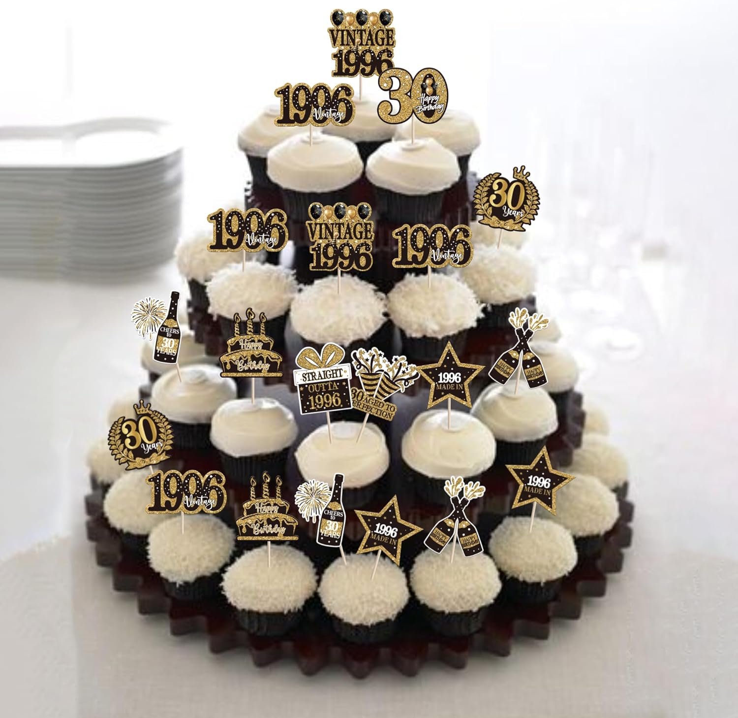 40PCS Happy 30th Birthday Cupcake Toppers Thirty Hello 30 Straight Outta 1996 Cupcake Picks Vintage 1996 Cheers to 30 Years Cake Decorations for Men Women 30th Birthday Party Supplies Black Gold - Image 6
