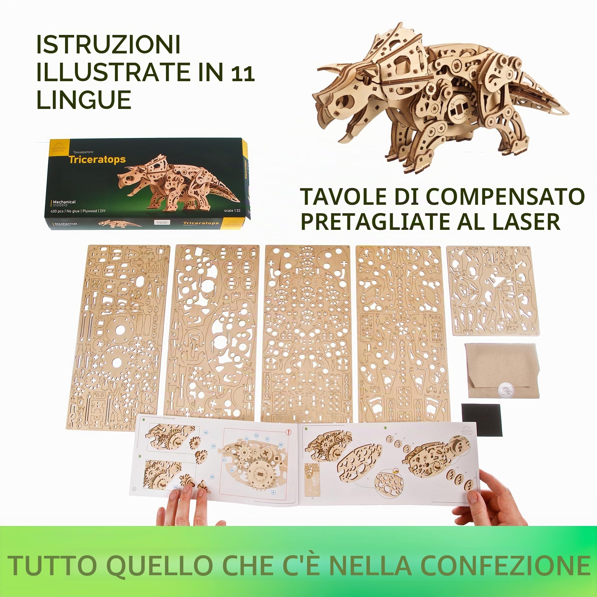 UGEARS Triceratops - Puzzle 3D in Legno da Costruire - Meccanico Dinosauro Modellini Legno da Montare con Movimento Realistico - Ideale per Fan di Modellismo da Costruire e Puzzle Meccanico