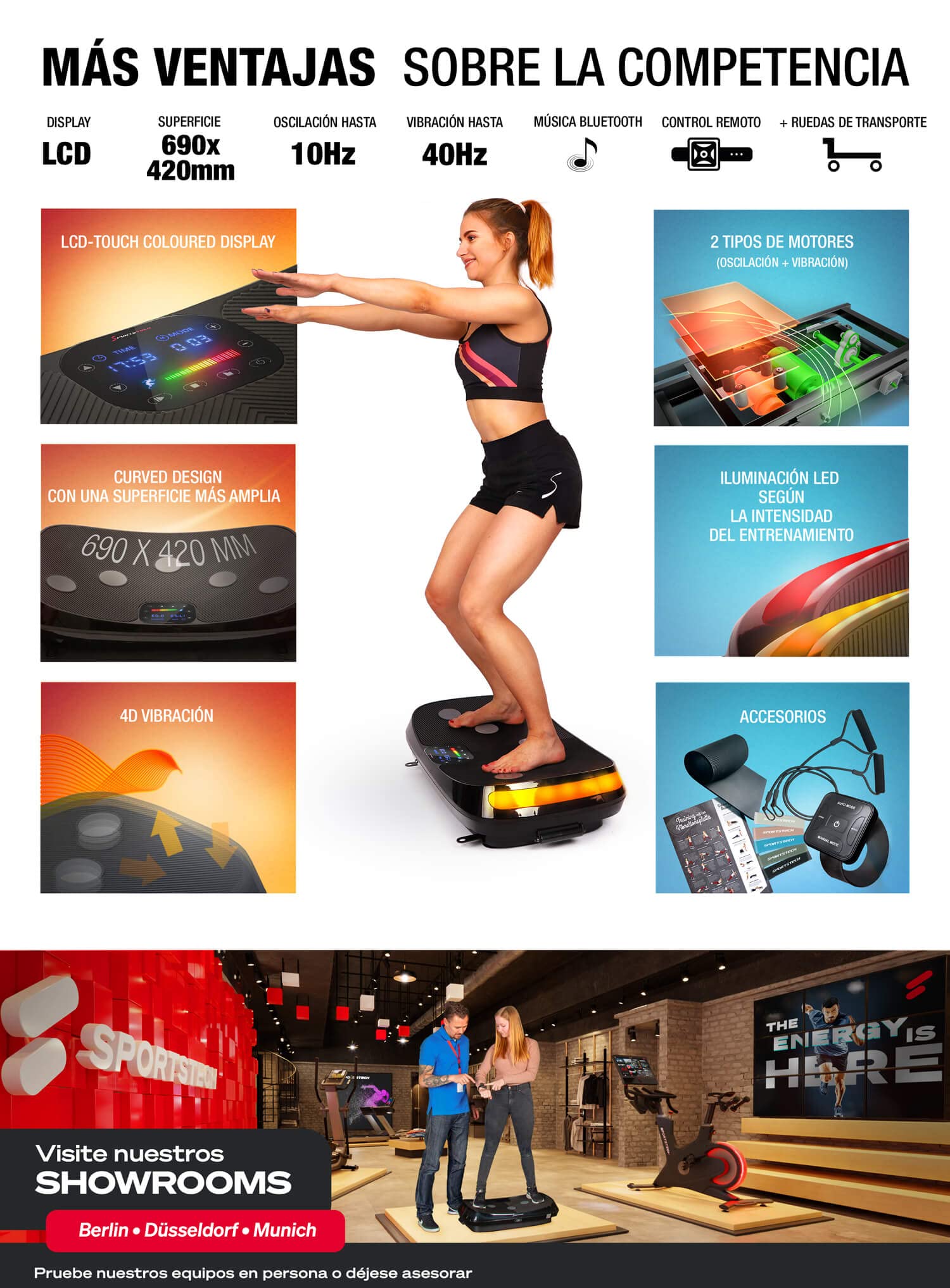 Sportstech 4D VP400 Plataforma Vibratoria de Diseño Curvo + Videos de Entrenamiento, Pantalla Táctil, Gran Superficie, Tecnología LED, Reloj Remoto, Bandas de Resistencia, póster y Esterilla