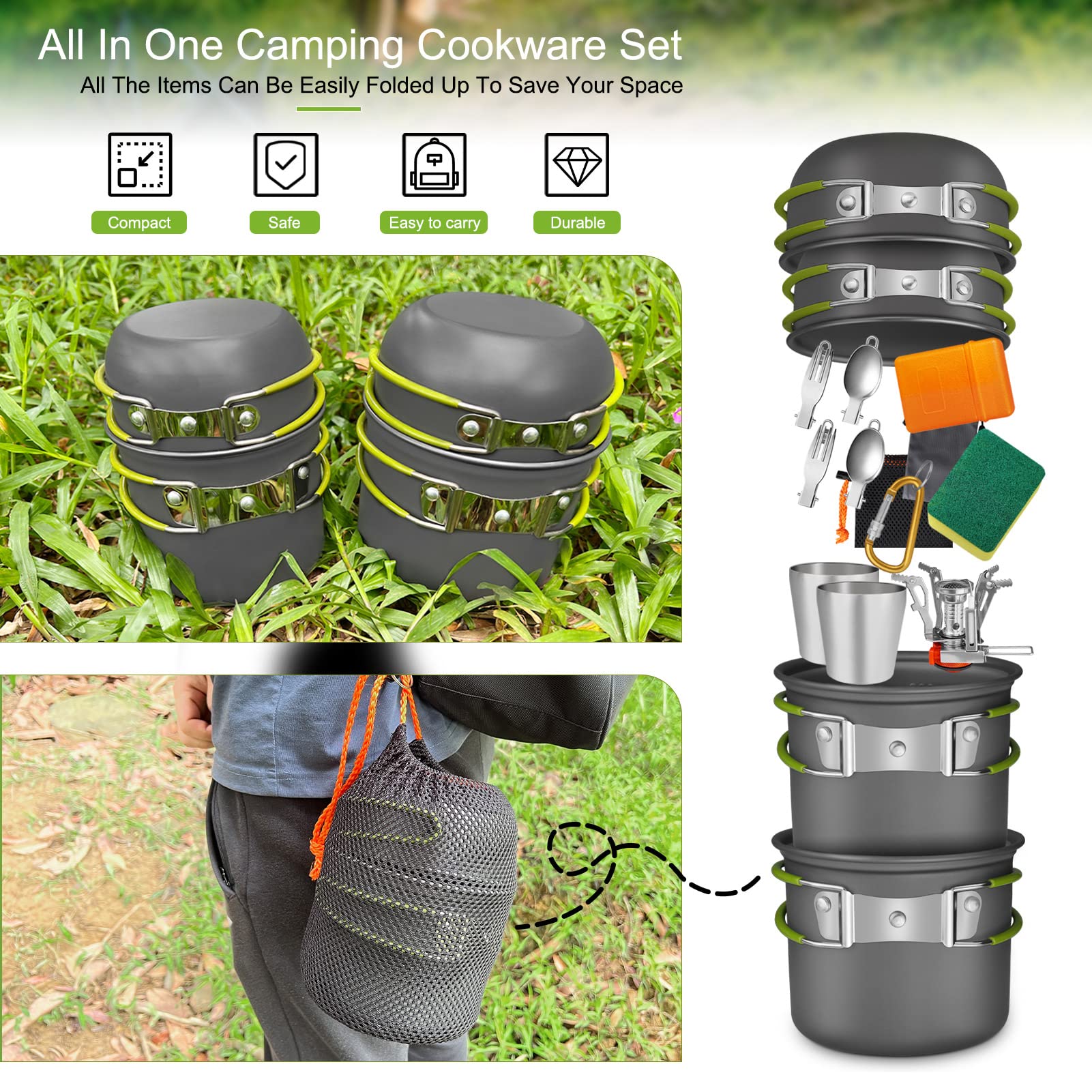 AUTOPkio Camping Kochgeschirr Set für 1-2 Personen, Outdoor Faltbare Camping Topf mit Gaskocher Picknick Geschirr Kit Leicht Aluminium Kochset für BBQ, Wandern, Kochen, Flüssiggas
