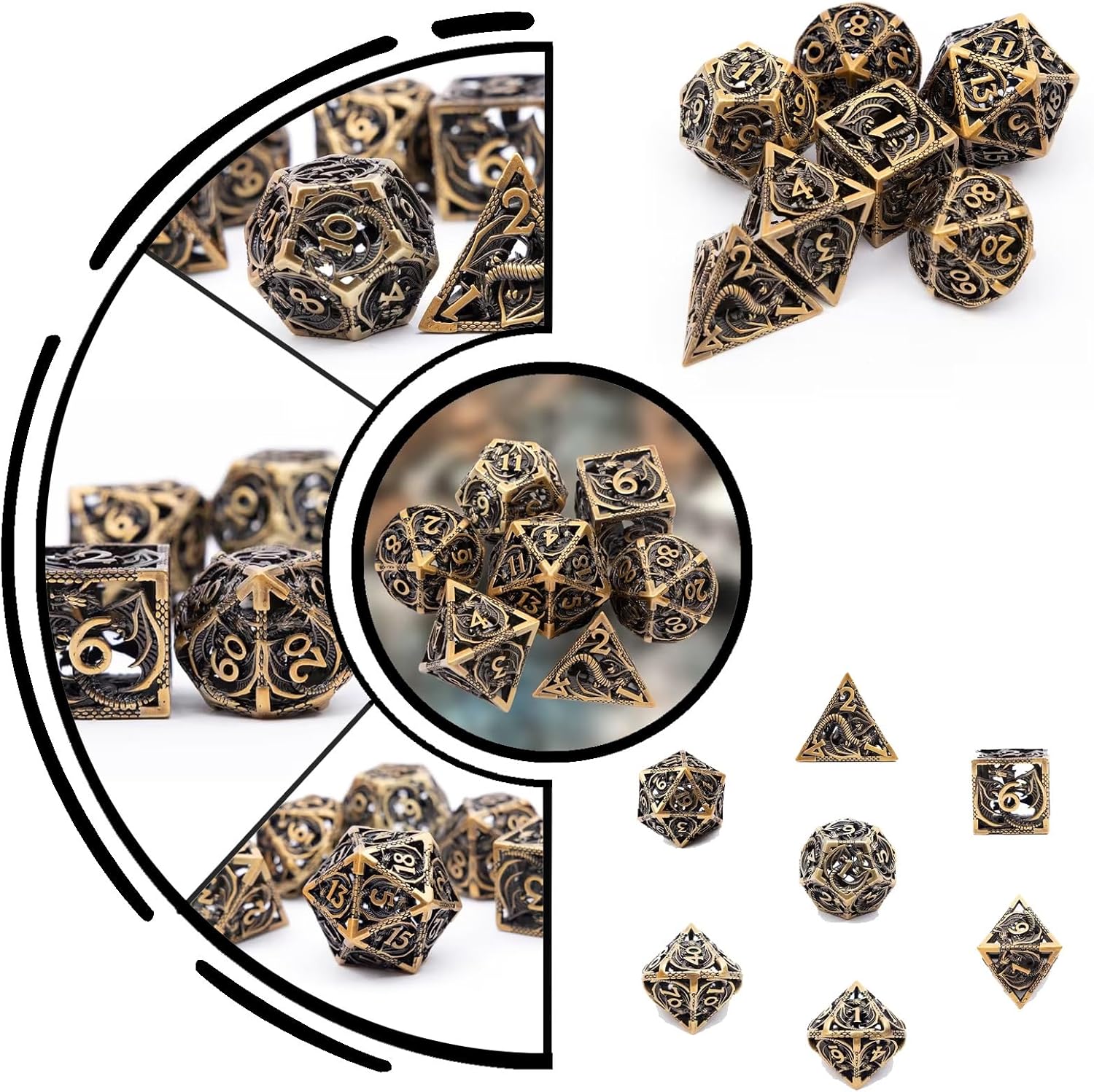 7個の銅製ドラゴンメタルダイス中空メタル多面体ダイスセット。ロールプレイングRPGボードゲームカードゲームに最適。