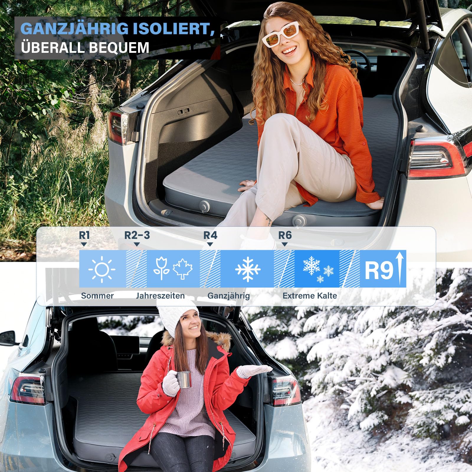 HIKENTURE Materasso da campeggio Tesla Model Y/3 2025 ultraleggero, 8 cm, auto gonfiabile memory foam, tappetino dormire 40% compatto