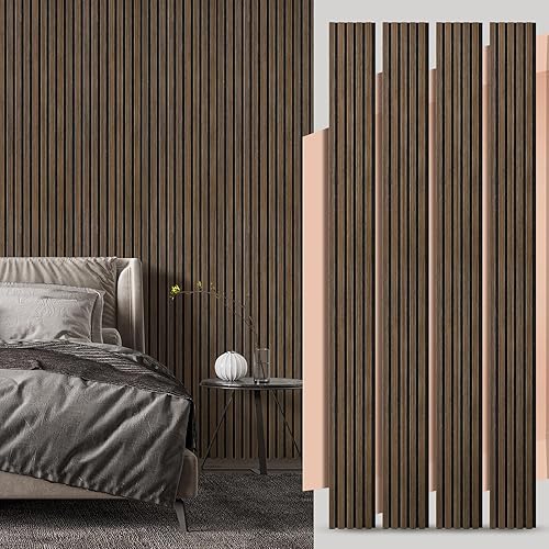 UMIACOUSTICS Wood Slat Acoustic Panels, 4 PCS Diffusion Wall Panels, Decorative Sound Proof Panels for Home Office Cinema -Deep Walnut