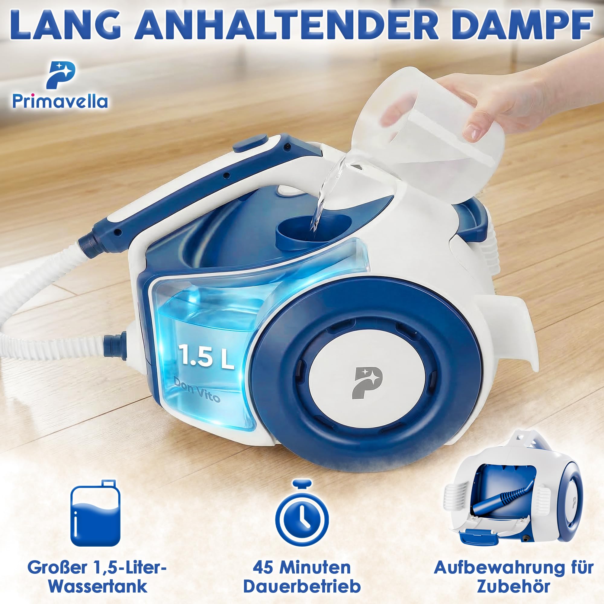 Primavella - Dampfreiniger - 1800 Watt, 3,5 Bar Druck, 1,5 Liter Tank - 16 Zubehörteile zur Reinigung von Badezimmer, Fliesen, Böden, Fugen, Polstermöbeln, Sofa, Auto