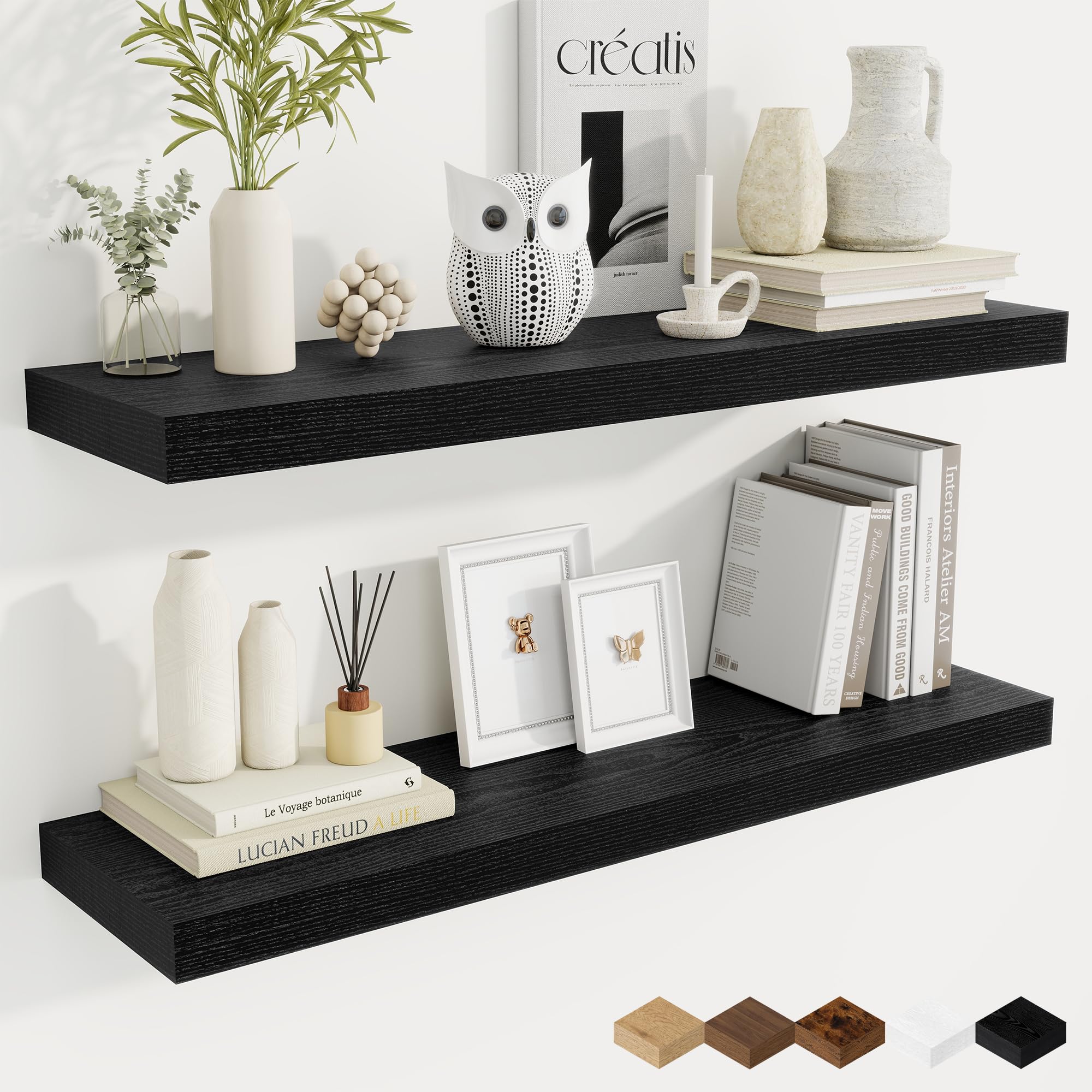 Fun Memories Floating Shelves for Wall, 36 Inch Rustic Wood Wall Mounted Shelves for Bathroom, Bedroom, Kitchen, Living Room, Floating Shelves for Storage & Home Decor (Black, Set of 2)