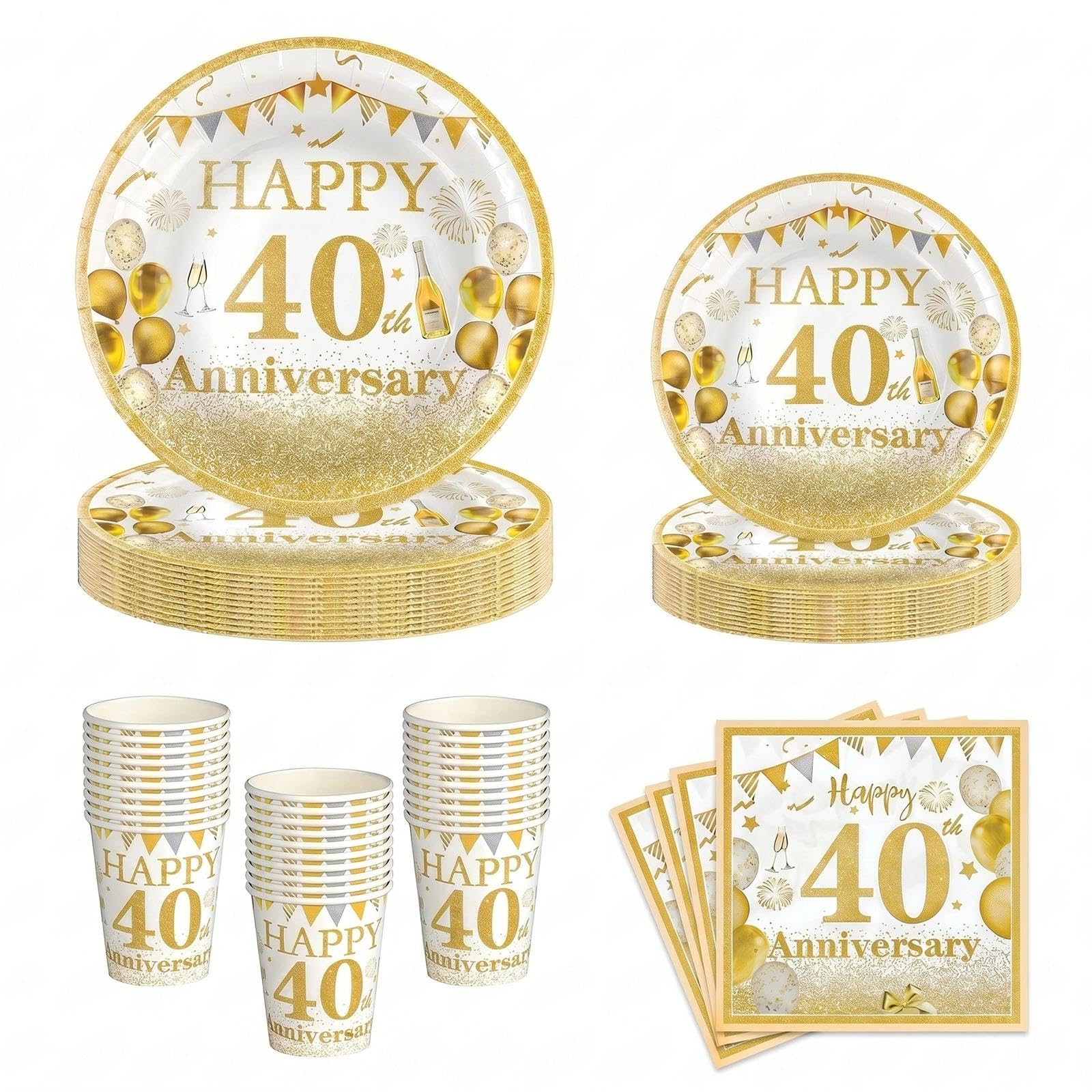 100Pcs 40th Wedding Anniversary Paper Plates Cups and Napkins, Gold White 40th Anniversary Decorations, Disposable Party Tableware Set Serves 25 Guests for Milestone Celebration Supplies