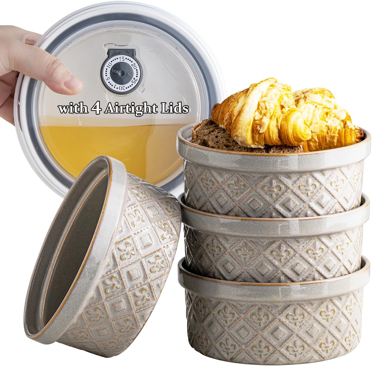 Ceramic Bowls with Lids set of 4, Soup Bowls, 28 oz Charcuterie Bowls Set for Kitchen, Food Storage Container Bowls Dishwasher & Microwave Safe for Salad, Pasta, Snack, Oatmeal, Fruit, Grey Gray (with Lid) 28 oz