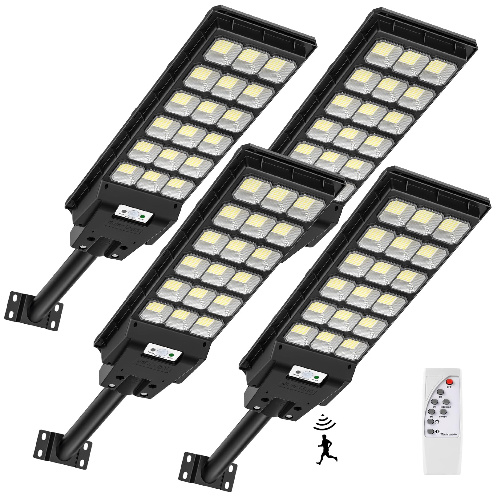 LED Solar Straßenlaterne mit Fernbedienung - 600W 6500K Straßenlaterne mit Bewegungsmelder Dämmerung bis zum Morgengrauen Straßenleuchte IP65 Wasserdichte Solar Straßenlampe für Straßen Garage 4 PACK