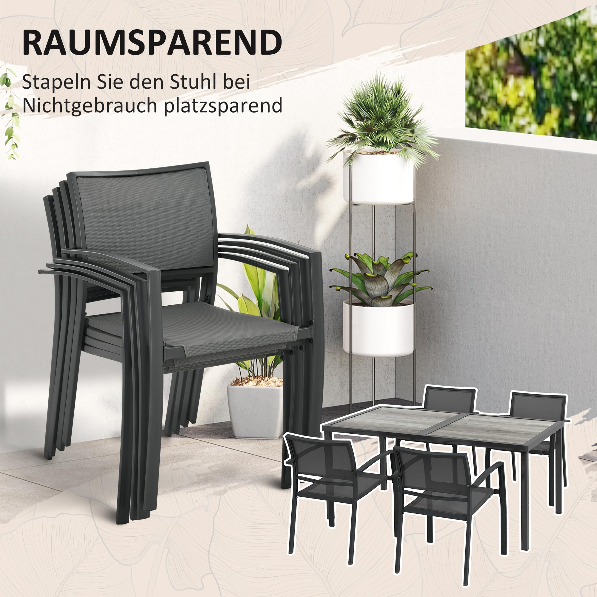 Outsunny 5 TLG. Sitzgruppe Gartenmöbel-Set, Gartengarnitur mit 1 Esstisch, 4 stapelbaren Stühlen, Sitzgarnitur, für Terrasse, Mesh, Dunkelgrau