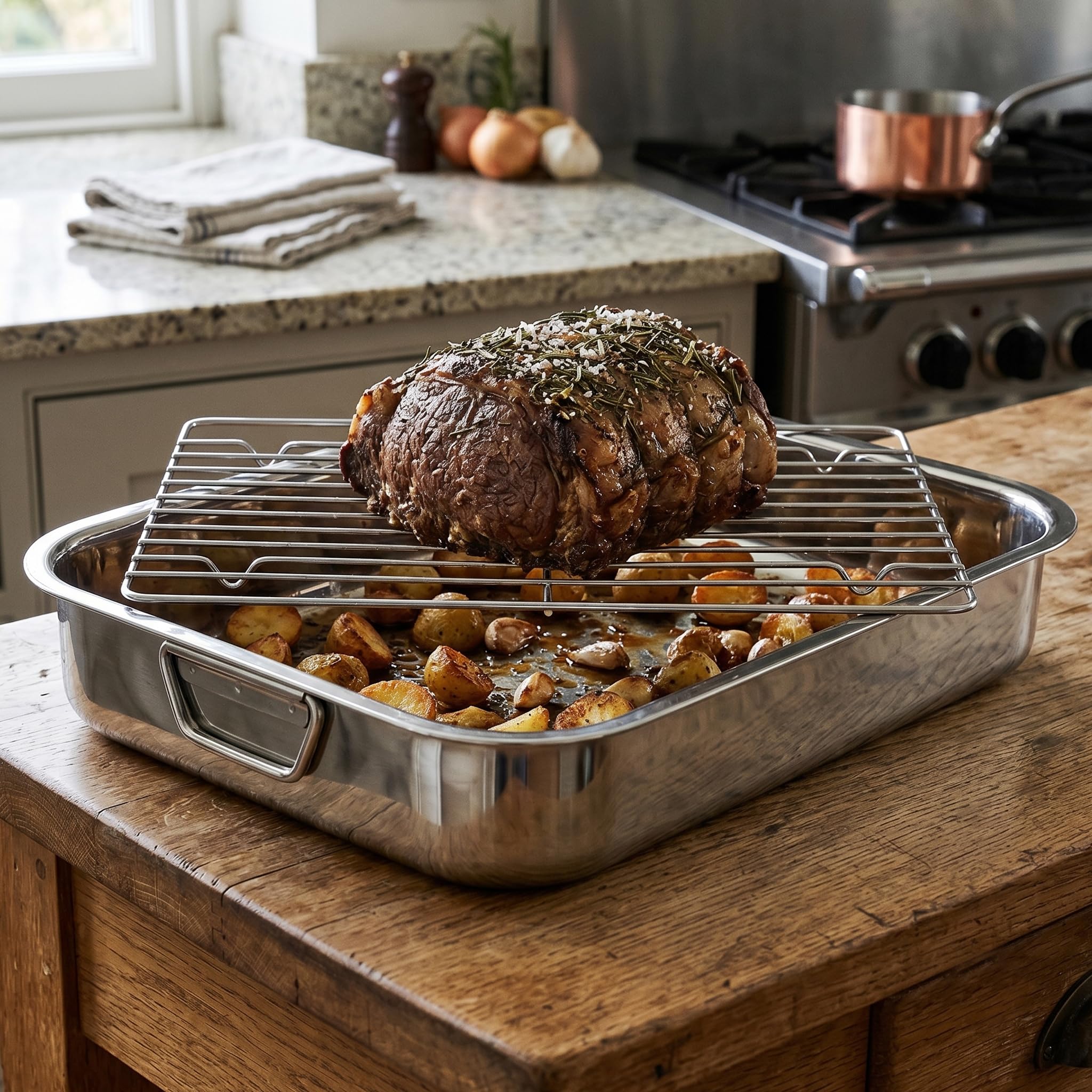 MGE - Oven Roaster with Grill - Taca do Pieczenia - Prostokątna Patelnia do Pieczenia w Piekarniku z Grillem - Stal Nierdzewna - 40 cm