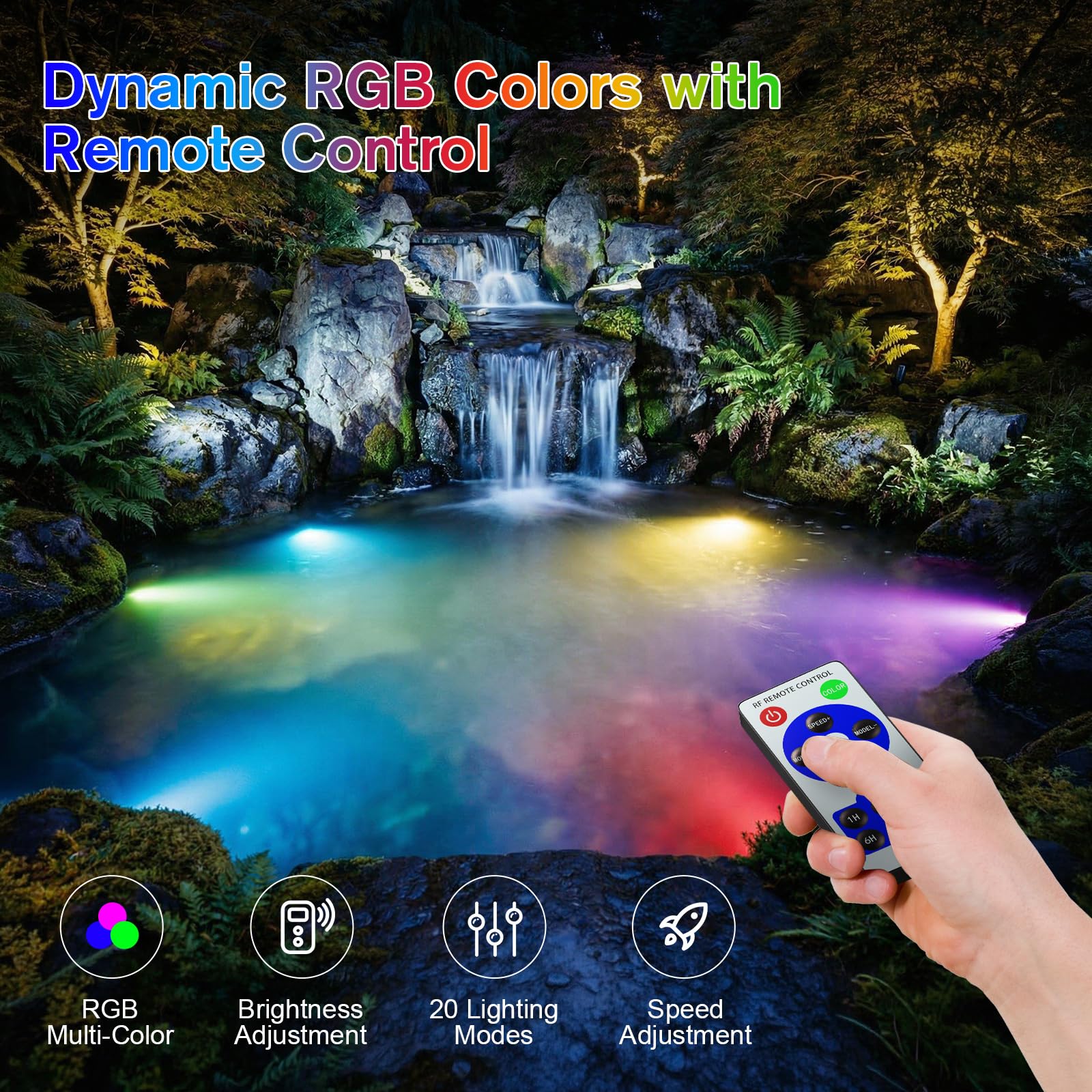 POPOSOAP Luci subacquee RGB per laghetto, IP68, impermeabili, luci a LED per laghetto, con telecomando, timer e funzione di memoria, per fontana, cascata, acquario, piscina, decorazione per esterni, 4