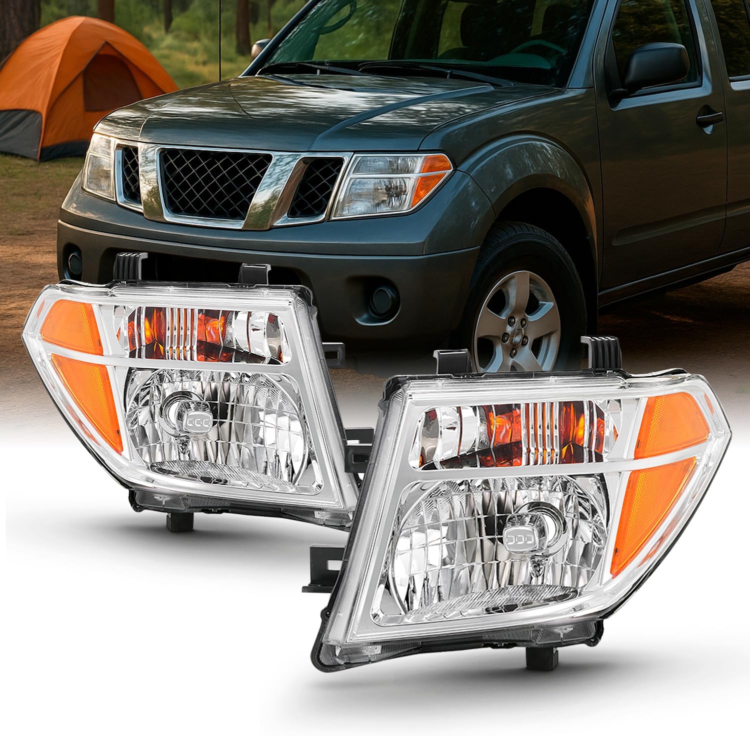 AKKON - Pair Chrome Headlights Fits 2005-2008 Frontier 2005-2007 Pathfinder [Halogen Models] Replacement Left + Right