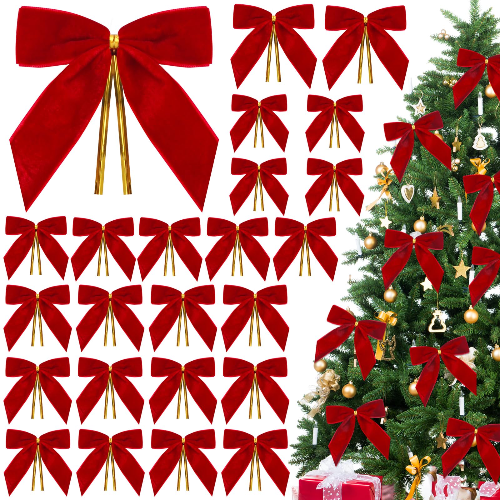 Tsorode 24 Pcs Red Velvet Bows for Christmas Tree,Red Christmas Tree Bows
