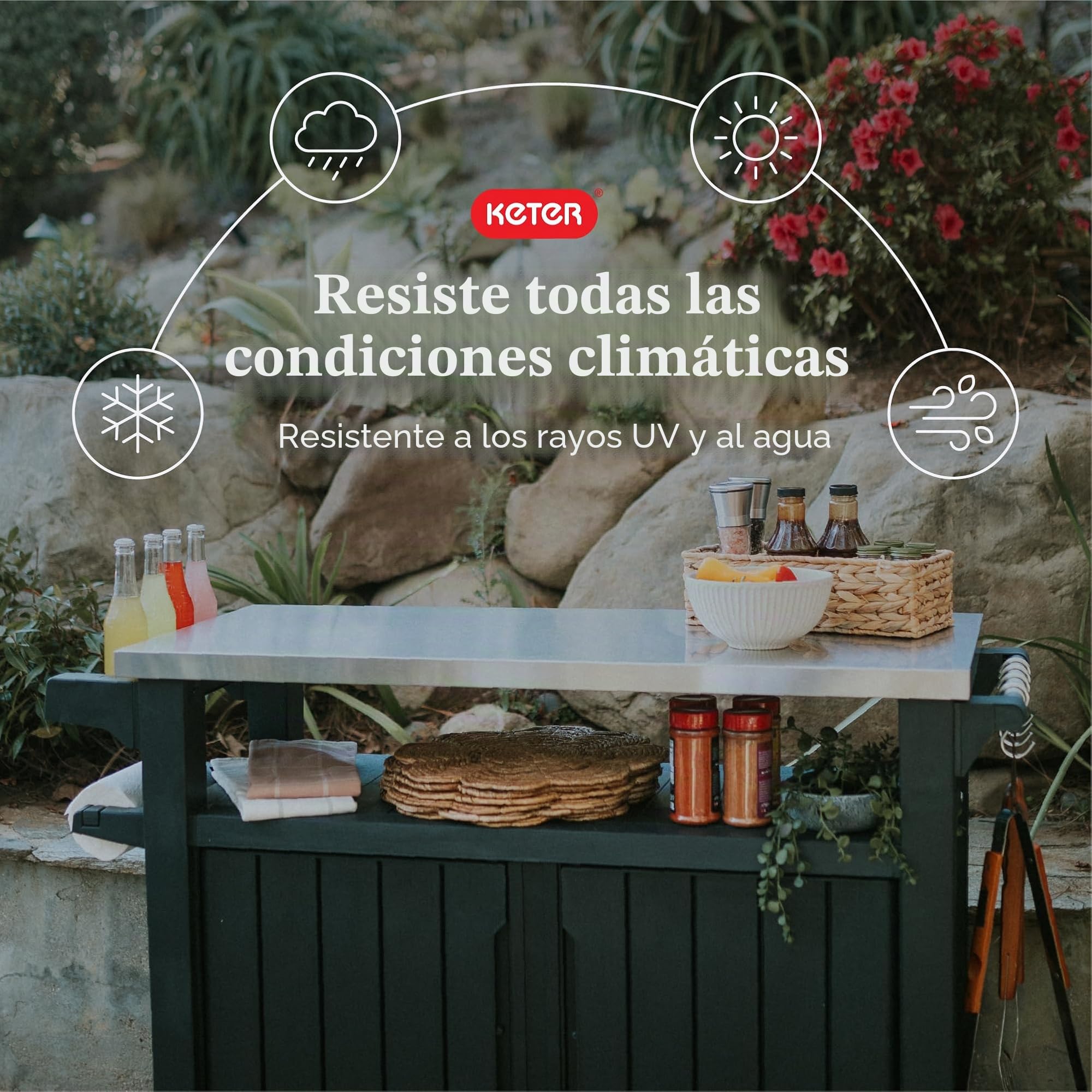 Keter Unity XL - Mesa portátil para Exteriores y Armario de Almacenamiento con Ganchos para Accesorios de Parrilla, Parte Superior de Acero Inoxidable para Patio, Cocina, Isla o Carrito de Bar, Gris