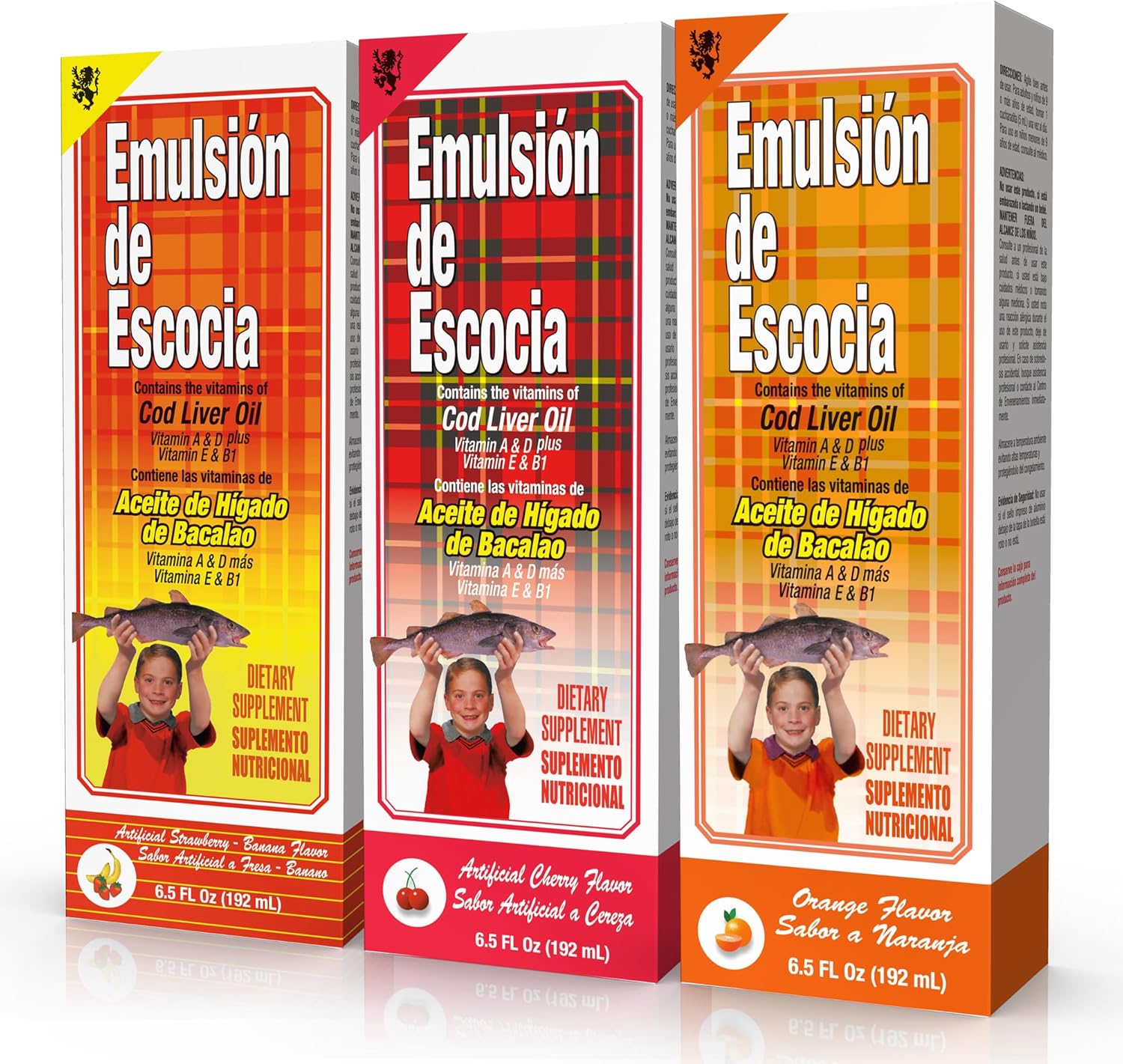 Emulsion de Escocia Cod Liver Oil Liquid for Kids – Cherry, Orange & Strawberry Banana – Omega 3, Vitamins A, D, E & B1 – Dietary Supplement – 6.5 Fl Oz | 3-Pack