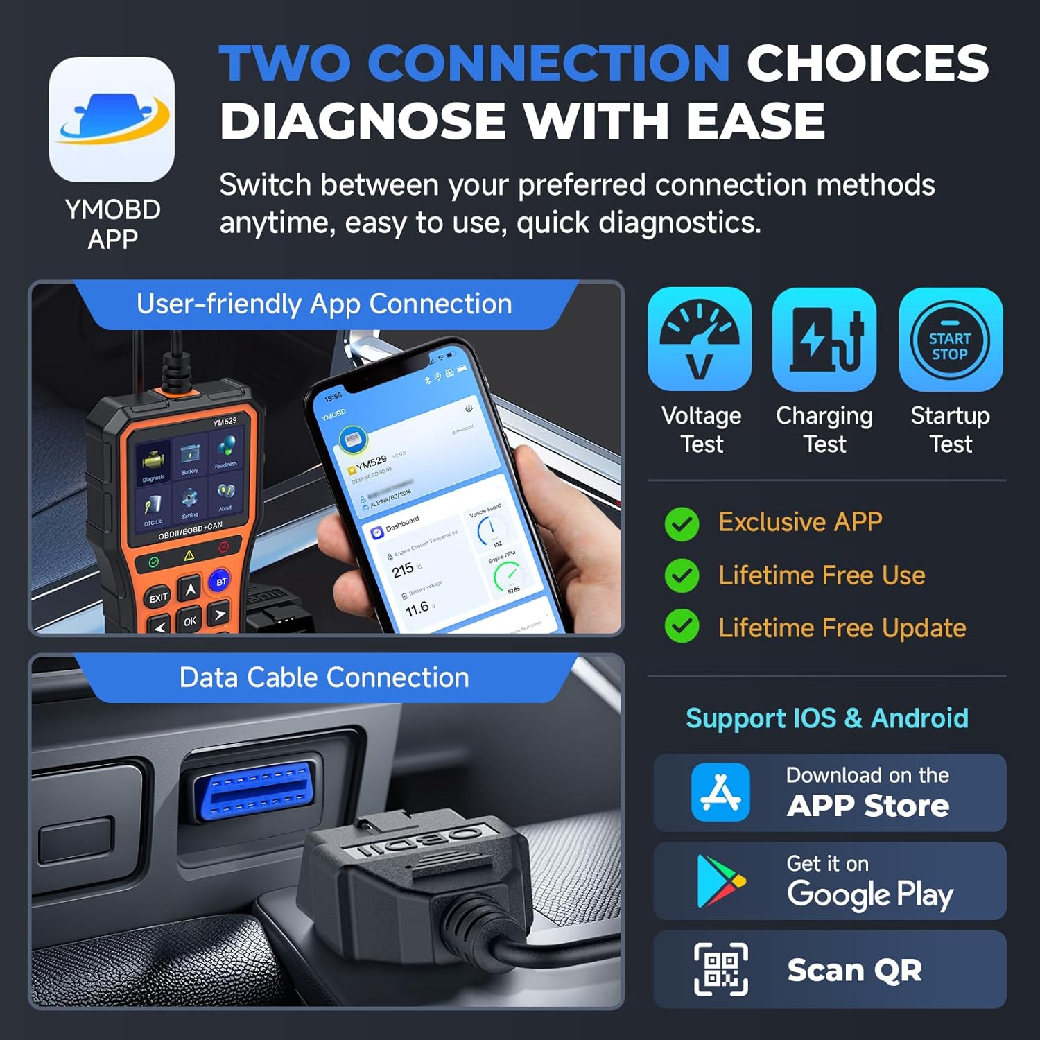 Bluetooth OBD2 Scanner with Battery Tester & Monitoring & Life Test - Support Checking Car Diagnostic Information on iPhone & Android, 2.8 inch HD Large Color Screen, TPU case Protection, Orange