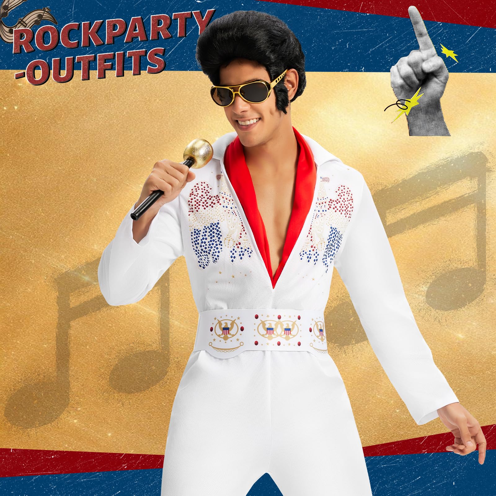 Ulikey Disfraz Elvis Presley Adulto, Disfraz Disco Hombre de Años 70 con Peluca de Elvis, Gafas de Sol, Micrófono, Bufanda Roja Disfraz de Rey Rock Hombre para Carnaval