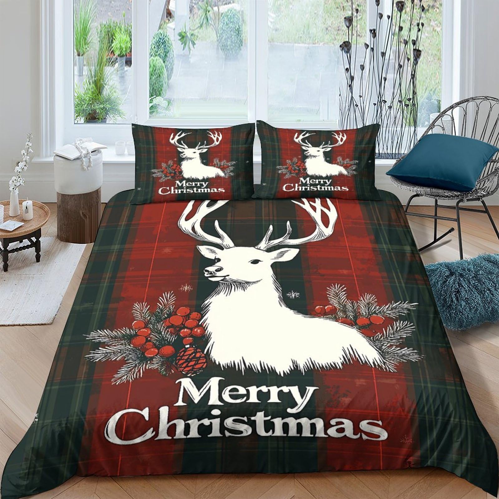 Ctjqhvkz Style-3 3D Printed Christmas Deer Fitted Sheet Microfiber Red Plaid Reindeer Bed Cover For Bedroom Guest Room Holiday Decor Single（135X200cm）