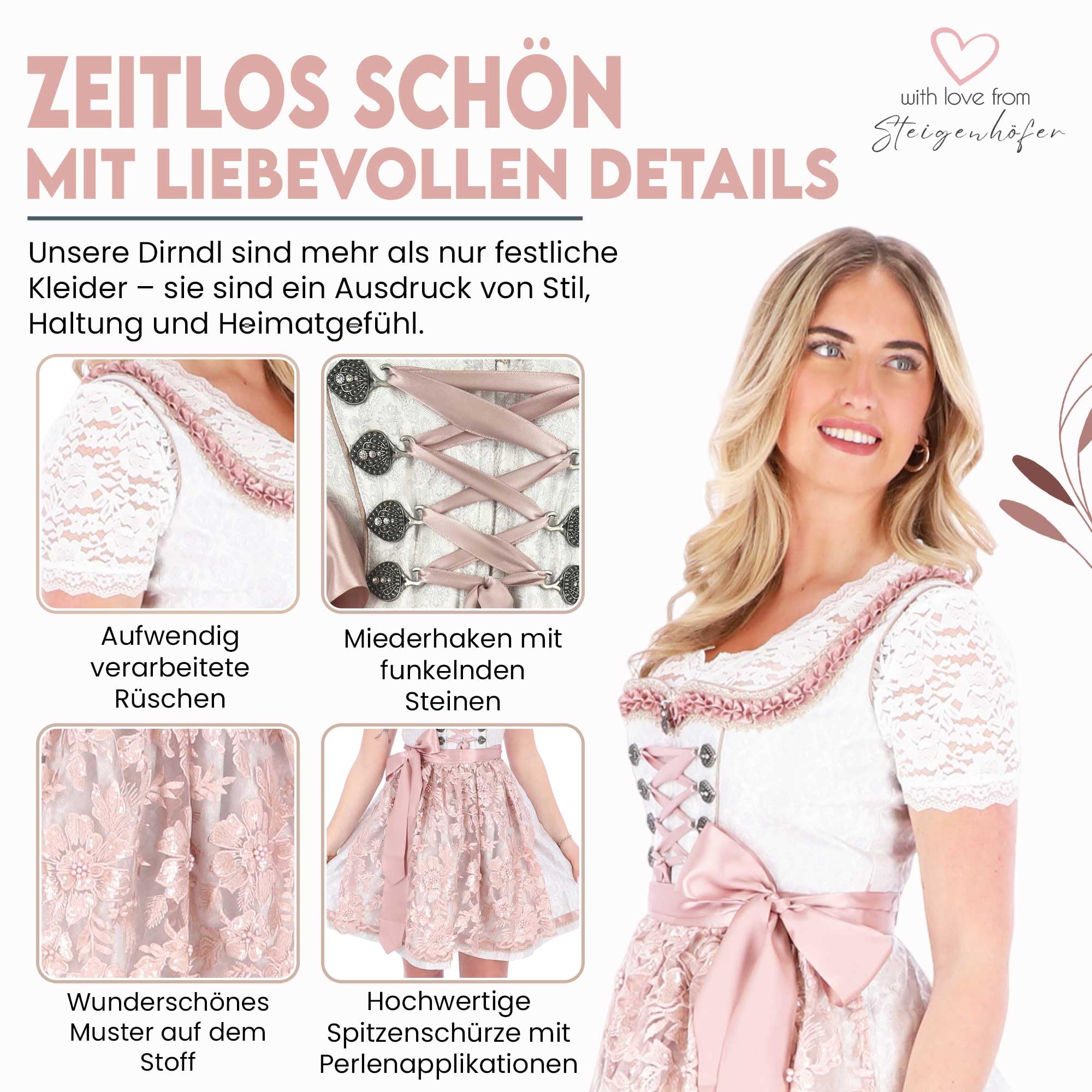 Steigenhöfer Manufaktur Dirndl Damen im Set - Oktoberfest Outfit - Set enthält Kleid Bluse und Schürze - Midi Dirndl mit 60cm Rocklänge - Miederhaken mit funkelnden Steinen und Perlen - Vicky