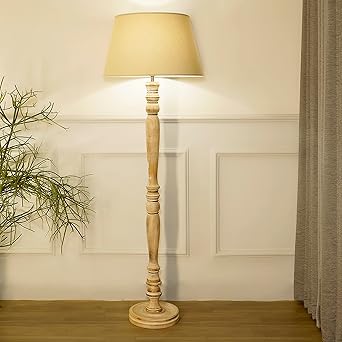 KAPOOR E-ILLUMINATIONS Siemon Wood Single Light Floor Lamp with Cotton Beige Lampshade for Living Room Corner, Study Room, Bedroom, Hotel, Office (Distress White, 62 Inches Height)