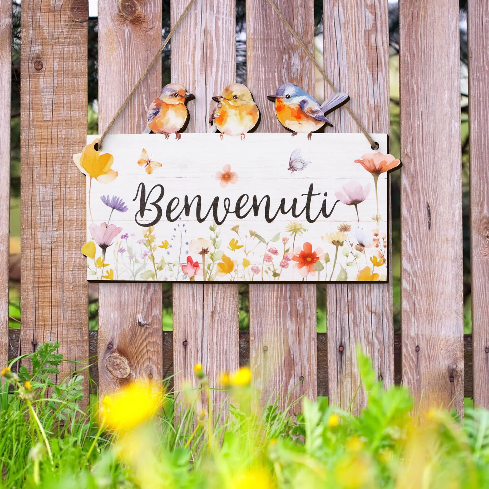 Cartello Benvenuti In Legno Con Fiori E Uccelli - Decorazione Per Porta D'Ingresso