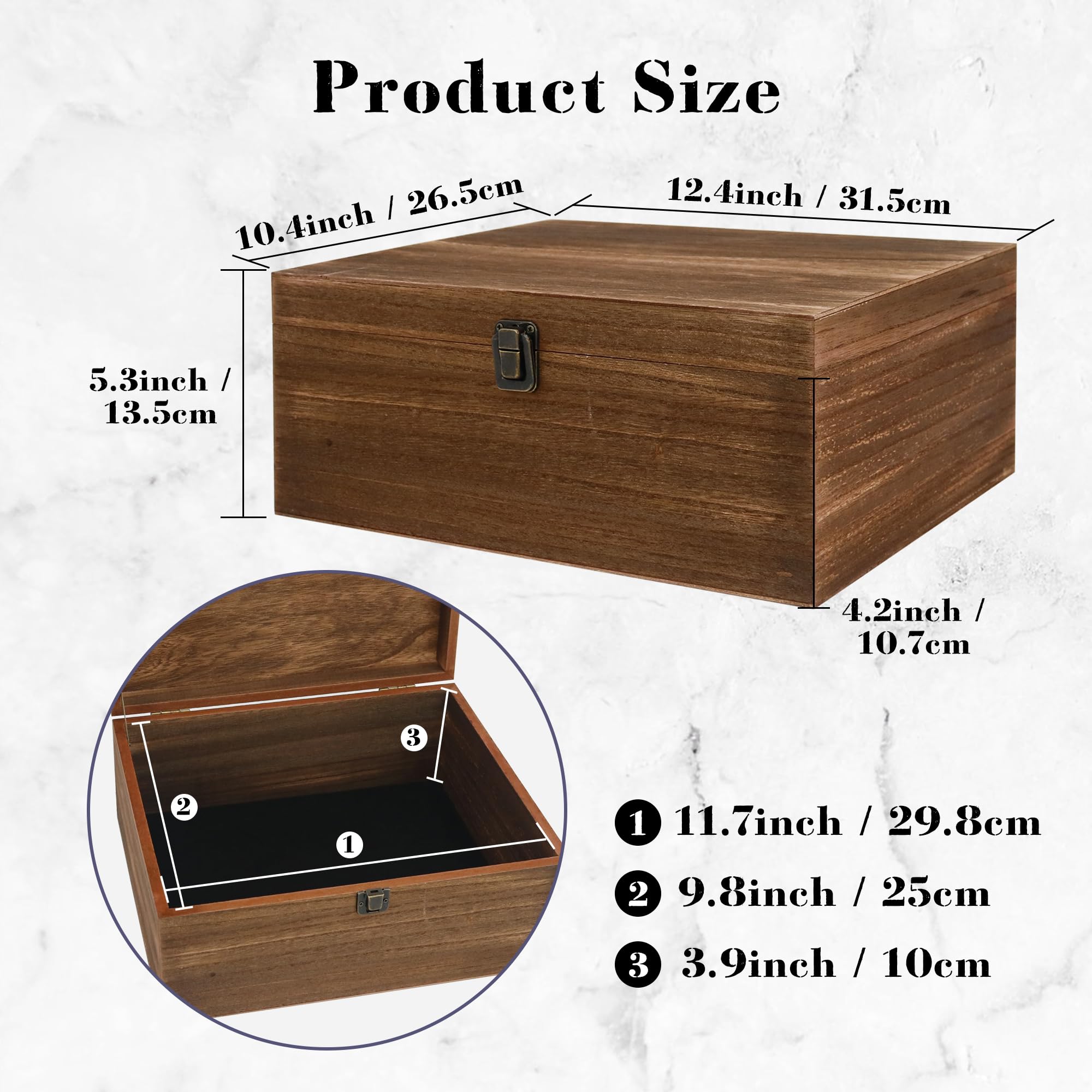 FramePro Caja de recuerdos de madera de 10 x 12 pulgadas, caja de recuerdos grande con tapa con bisagras, caja del tesoro vintage para manualidades y almacenamiento de fotos