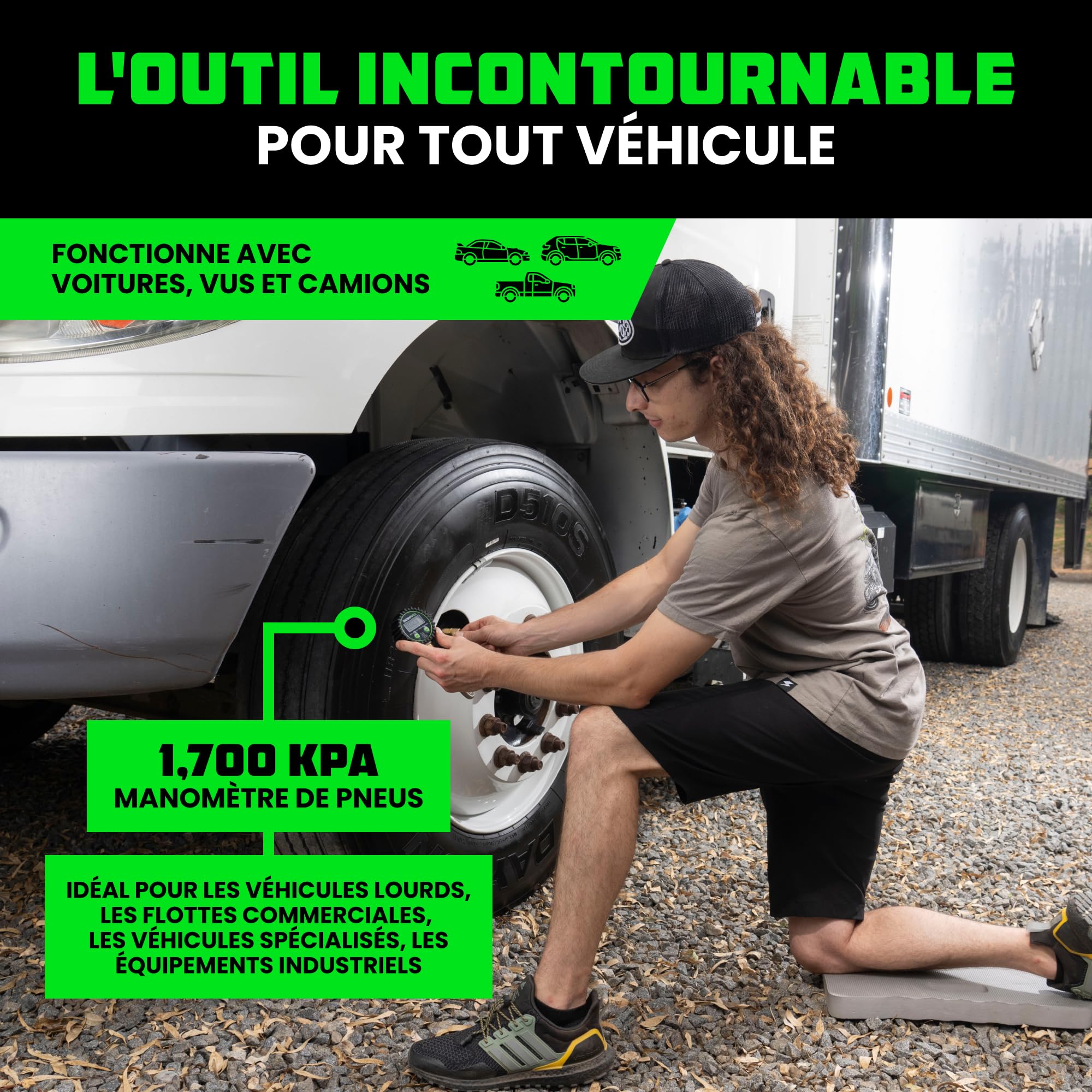 Manomètre numérique pour pneus (0-1700 kPa) – Cadran lumineux professionnel ANSI B40.7 précis – Jauge d'air robuste pour pneus de camion, voitures, semi-camions, camping-cars et plus encore.