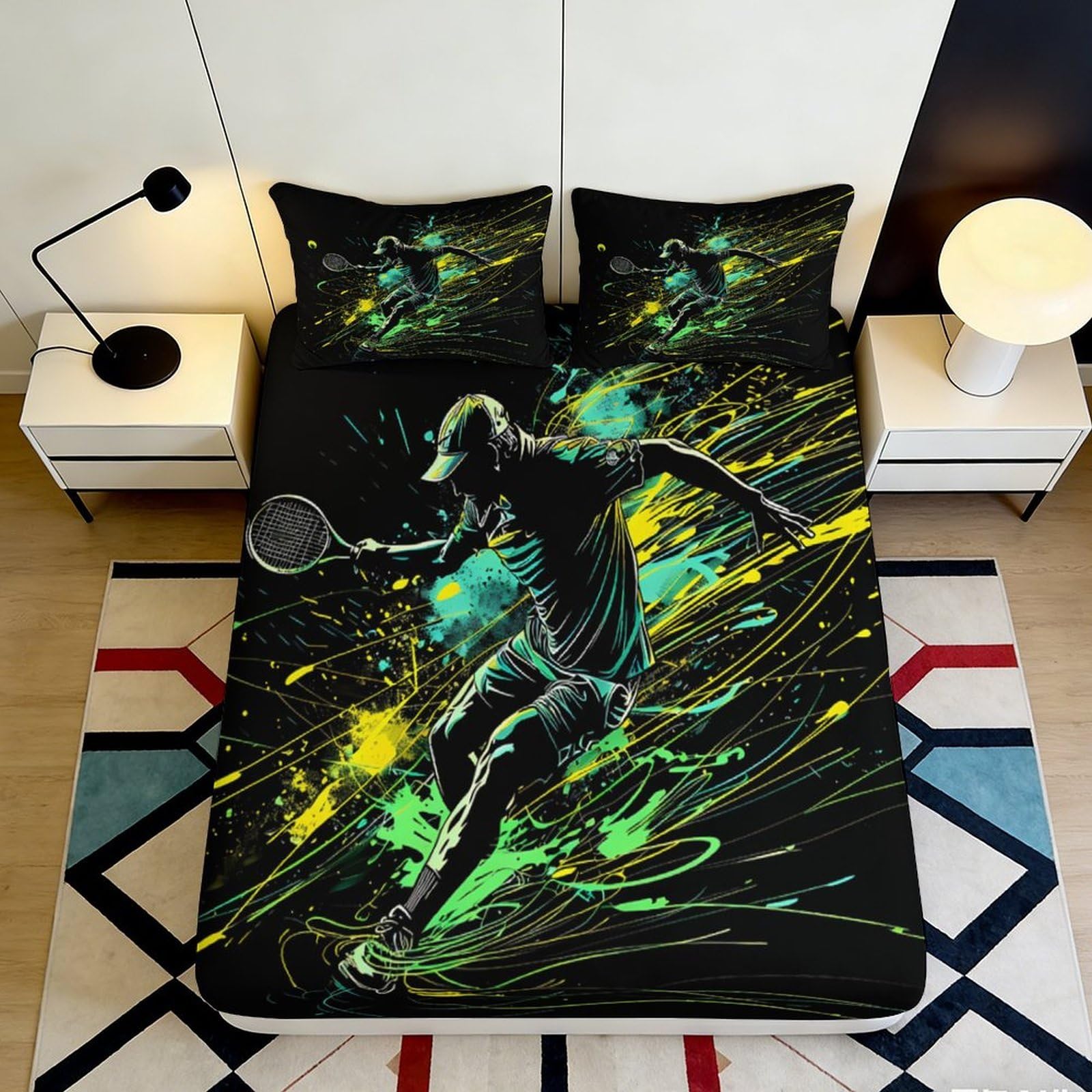 3D Printed Tennis Player Fitted Sheet Microfiber Soft Breathable Neon Splash Mattress Cover for Bedroom Dorm Decor 90x200x25cm