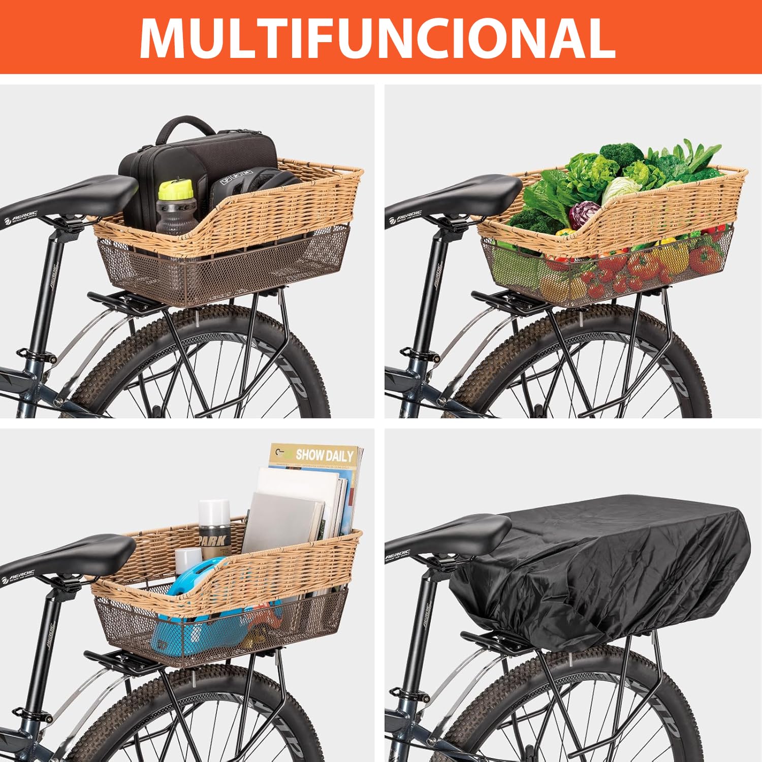 CXWXC Cesta trasera para bicicleta con red de carga y forro grueso para bicicleta